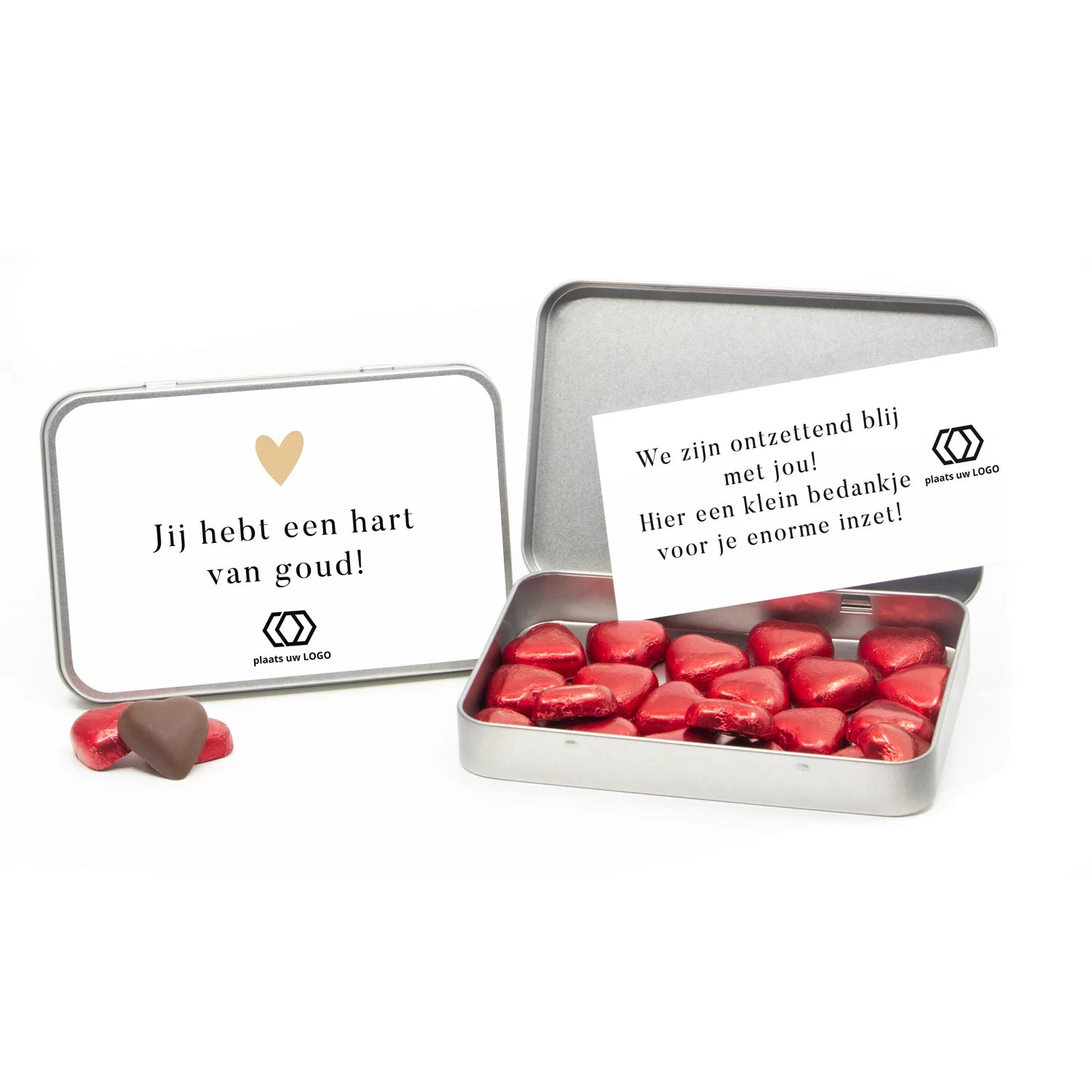 Chocolade harten in blik met persoonlijke kaart - Zakelijk