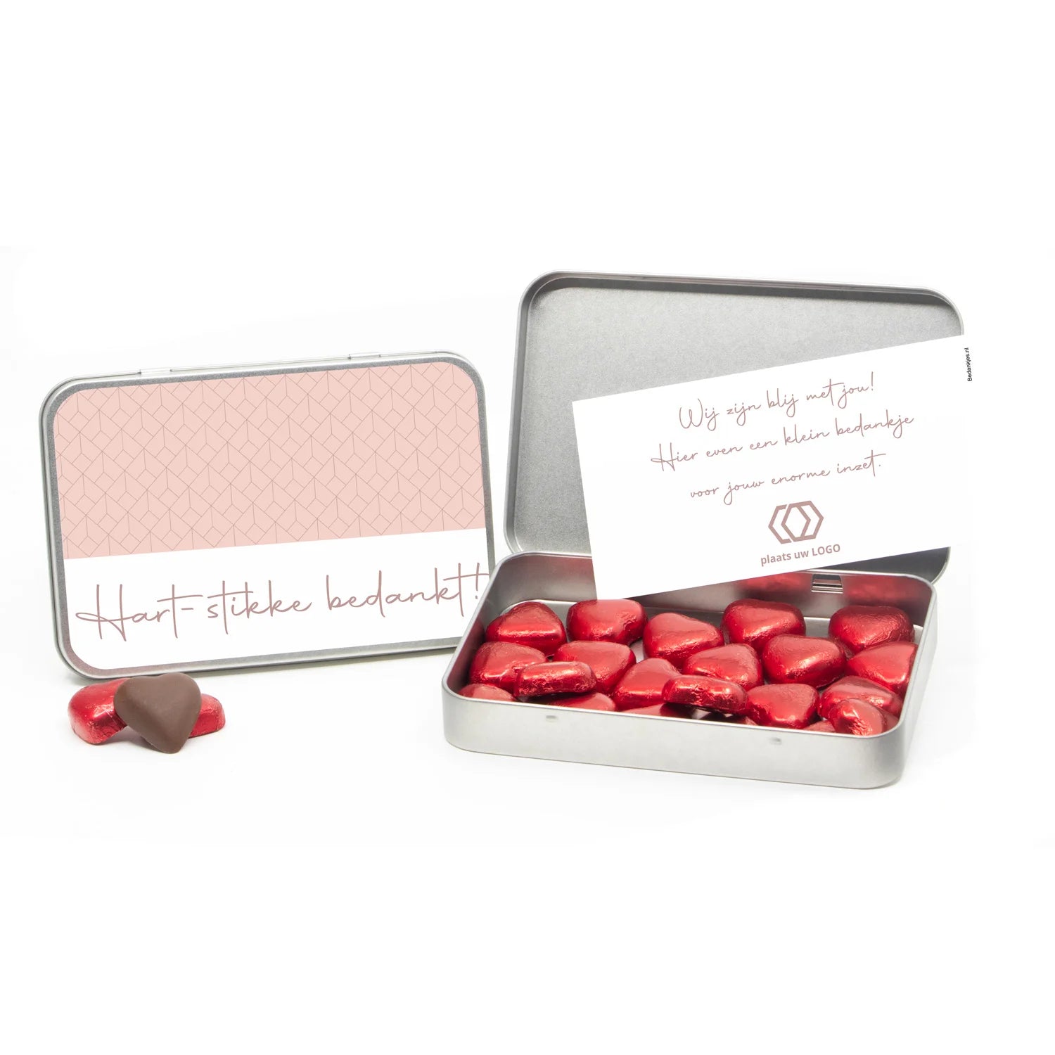 Chocolade harten in blik met persoonlijke kaart - Zakelijk - Bedankjes.nl
