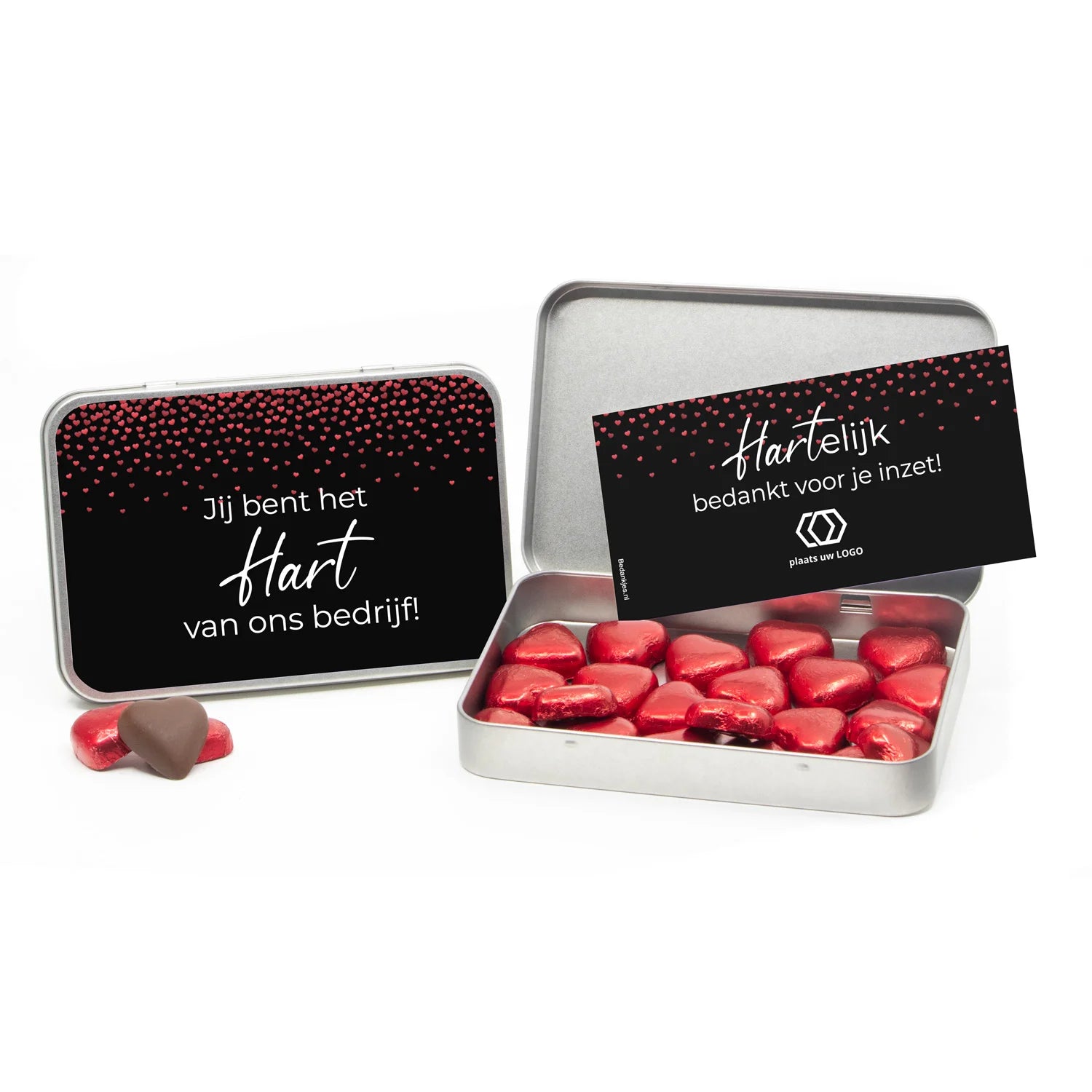 Chocolade harten in blik met persoonlijke kaart - Brievenbus