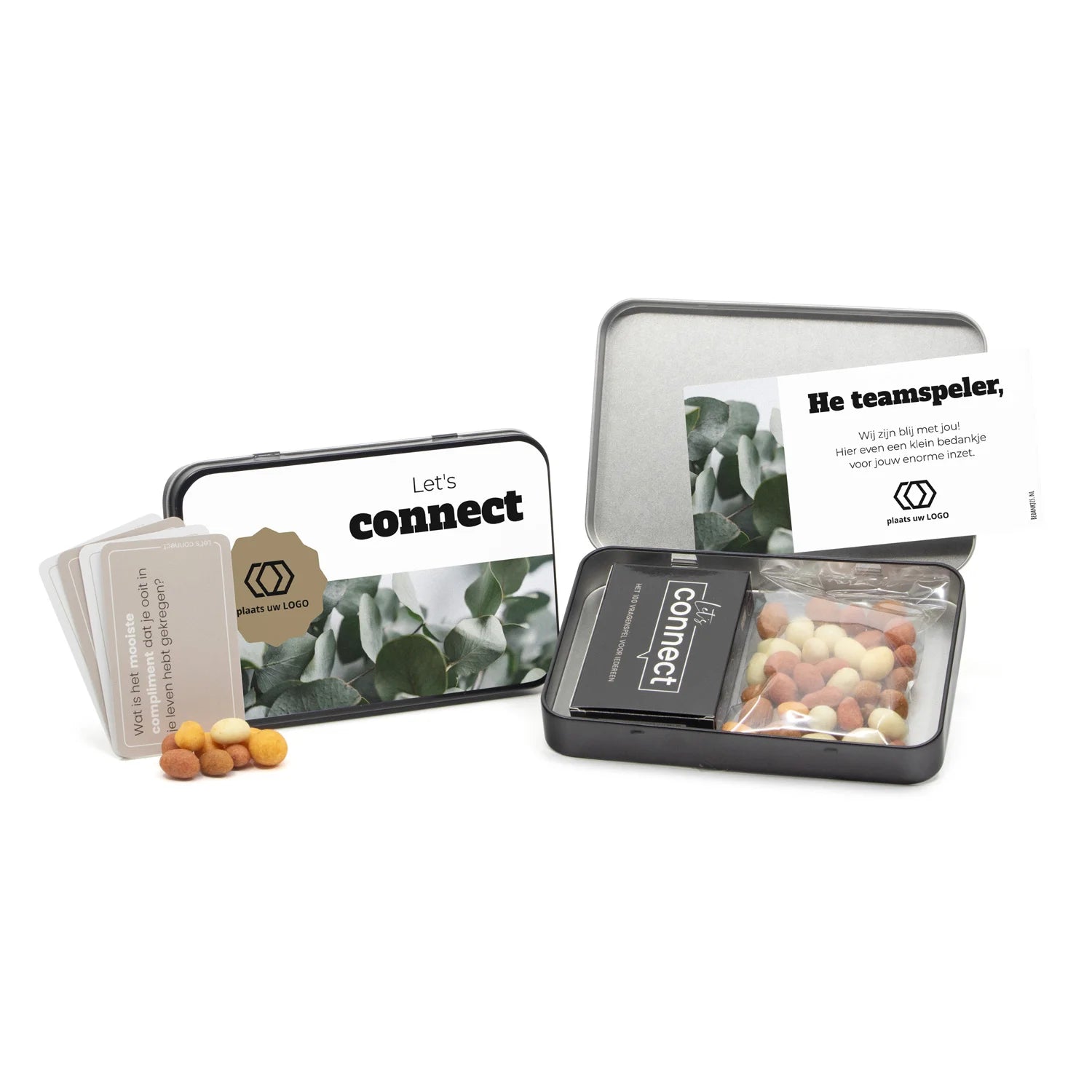 Let's Connect 100 vragenspel in blik met nootjes en etiket - Zakelijk - Bedankjes.nl