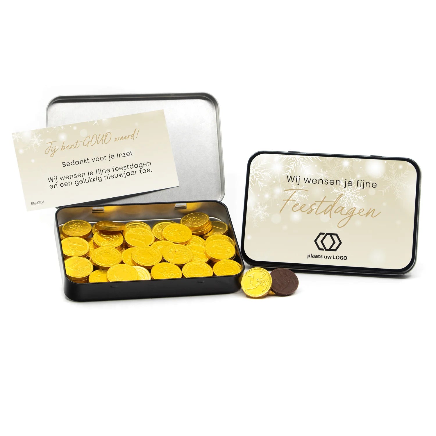 Gouden munten in blik met eigen kaart - Kerst