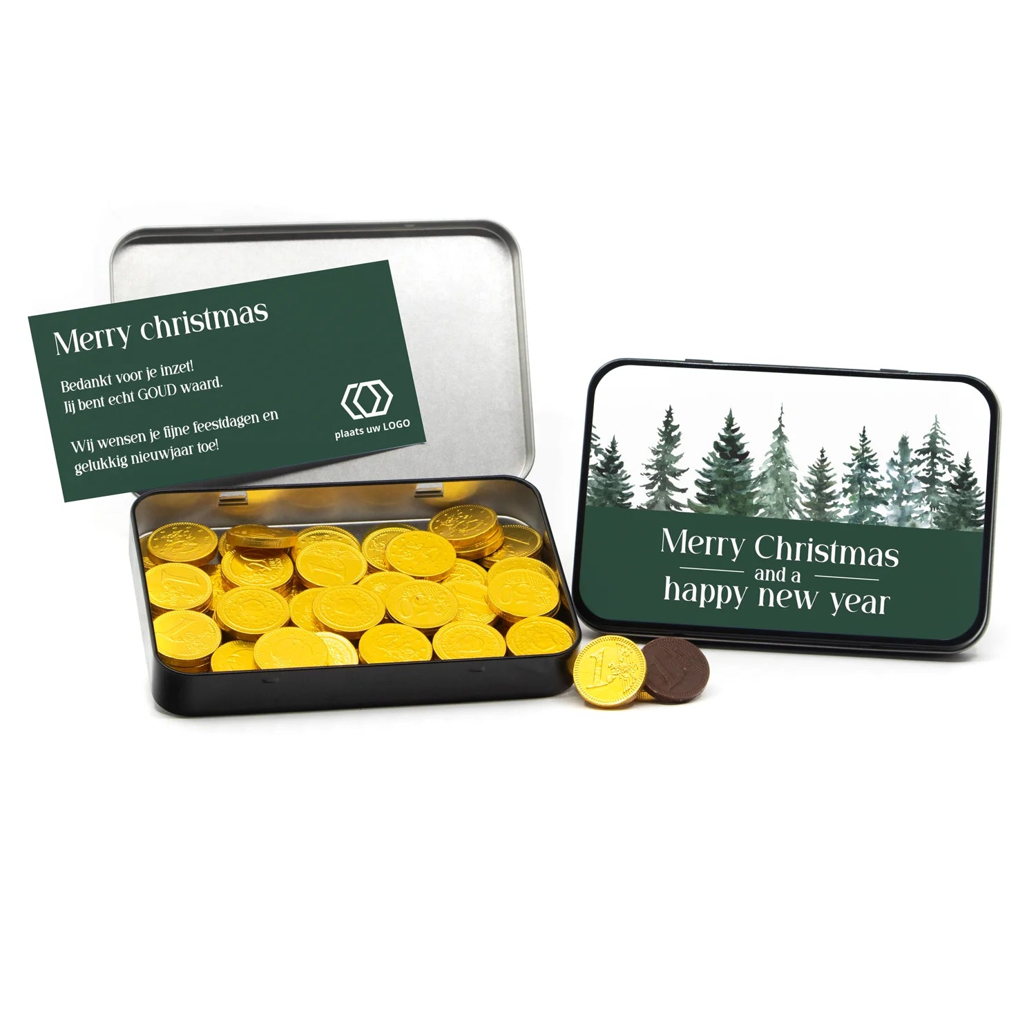 Gouden munten in blik met eigen kaart - Kerst