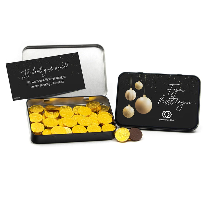 Gouden munten in blik met eigen kaart - Kerst