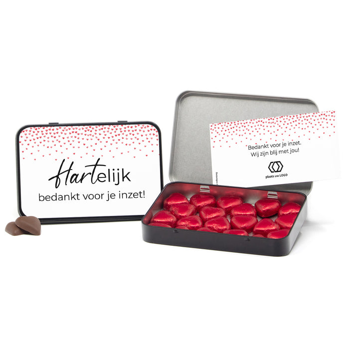 Chocolade harten in blik met persoonlijke kaart - Leraar