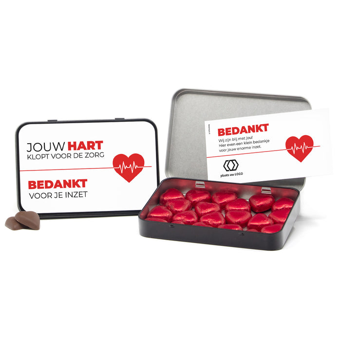 Chocolade harten in blik met persoonlijke kaart - Verpleging