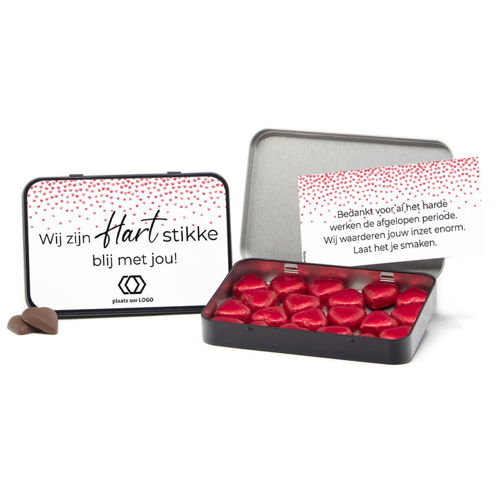 Chocolade harten in blik met persoonlijke kaart - Zakelijk