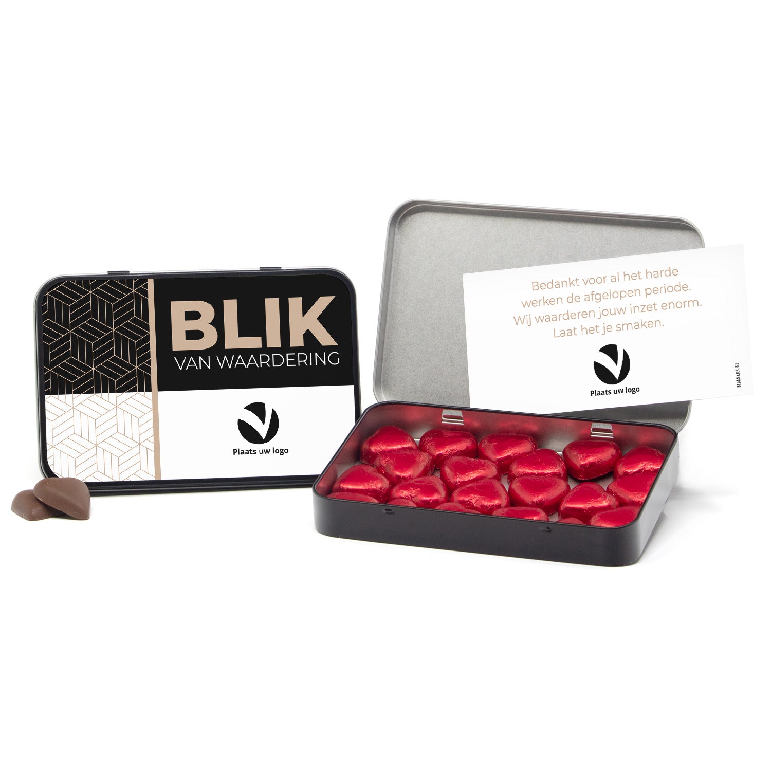 Chocolade harten in blik met persoonlijke kaart - Zakelijk - Bedankjes.nl
