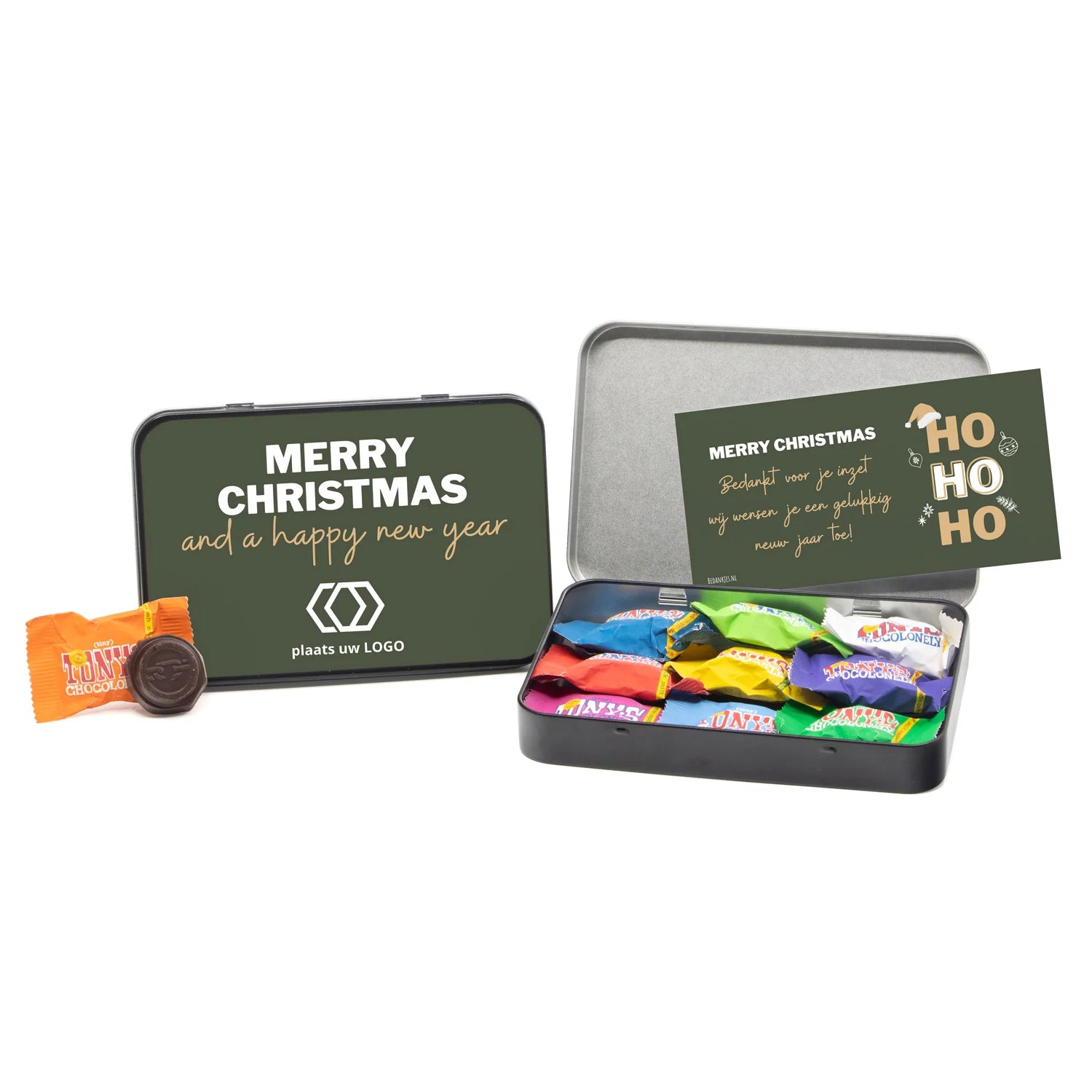 Tiny Tony's in blik met eigen kaart - Kerst - Bedankjes.nl