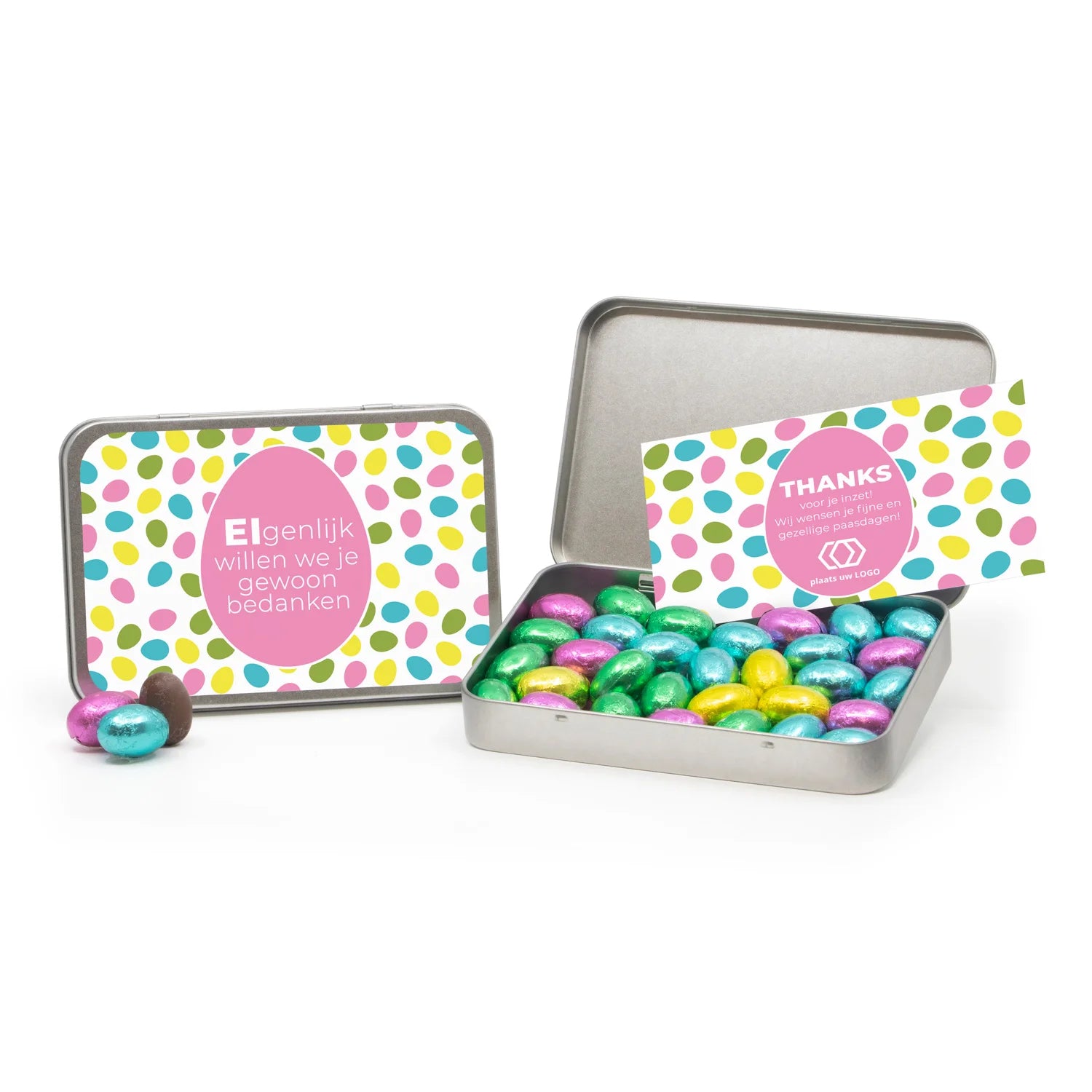 Paaseitjes in blik met eigen kaart - Pasen - Bedankjes.nl