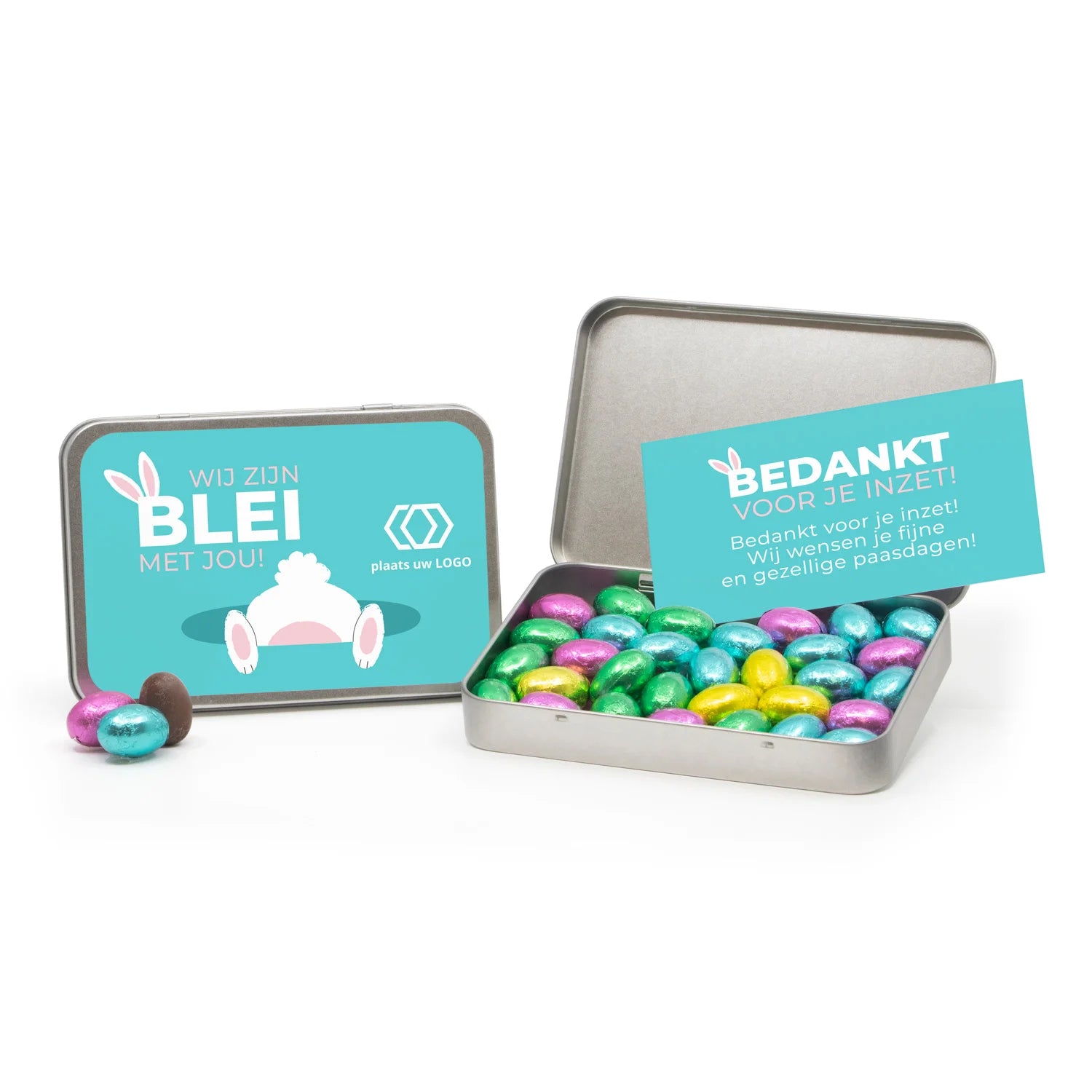 Paaseitjes in blik met eigen kaart - Pasen - Bedankjes.nl