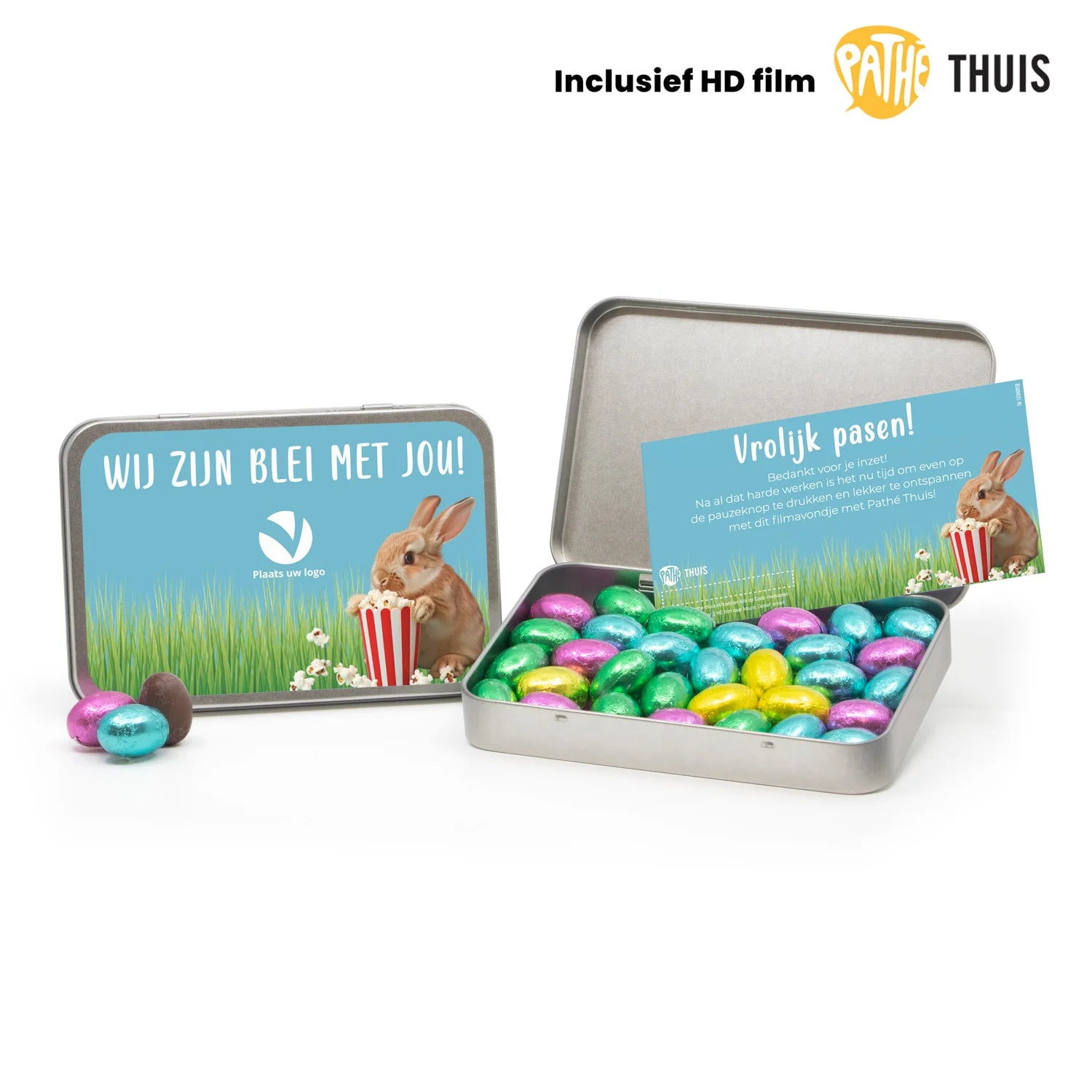 Paaseitjes in blik met Pathé Thuis code versturen - Pasen - Bedankjes.nl