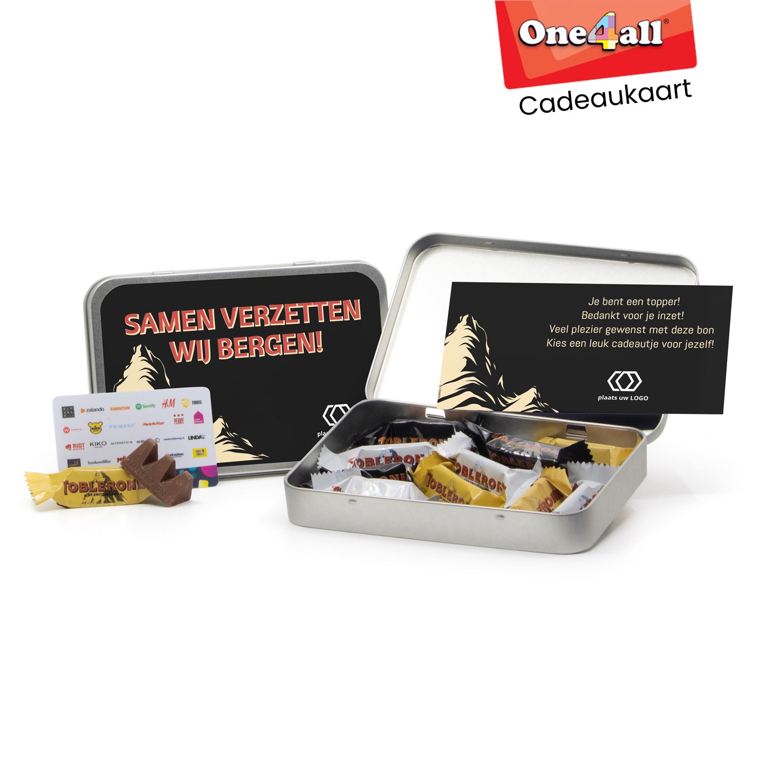 Toblerone in blik met One4All cadeaukaart - Vrijwilliger - Bedankjes.nl