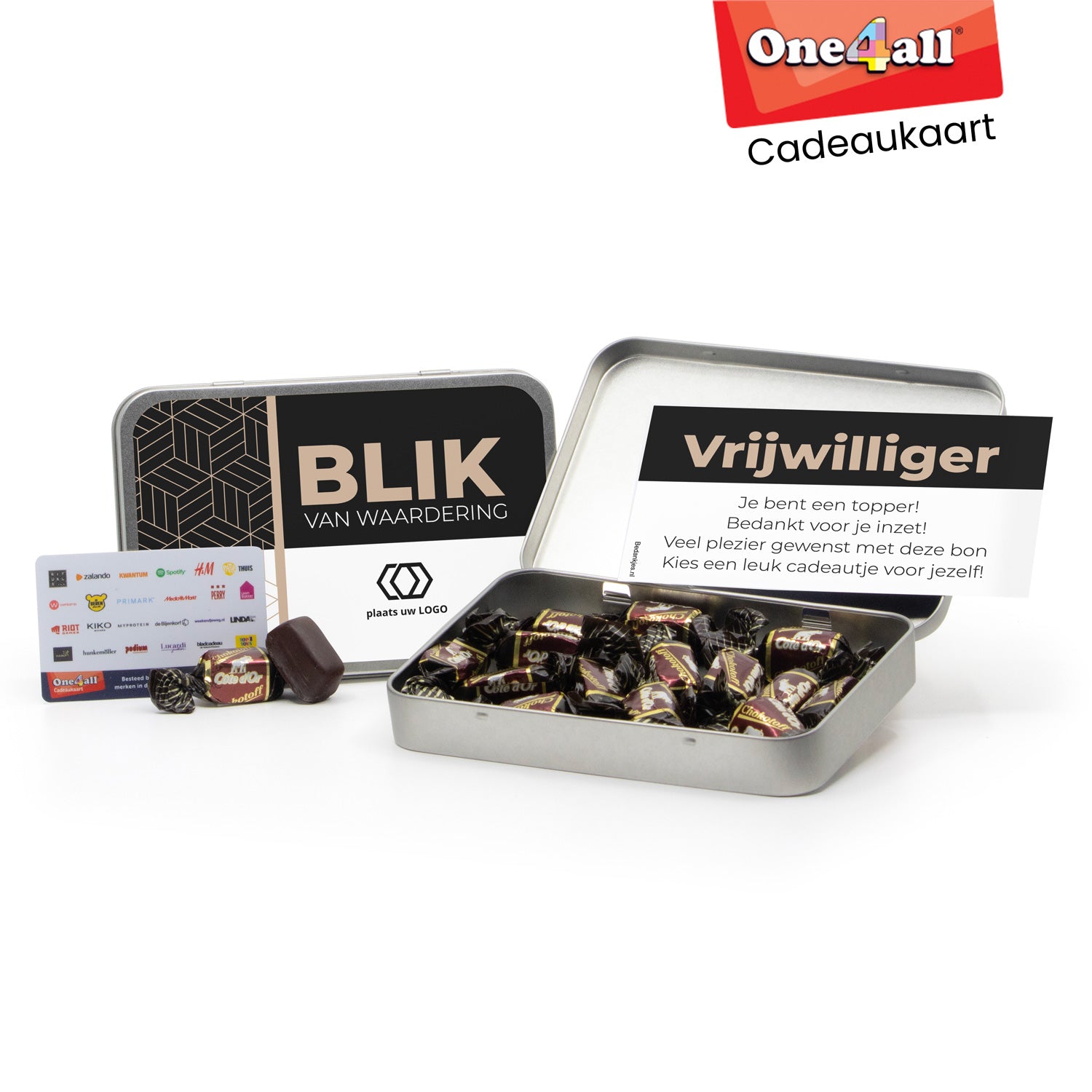 Chokotoff in blik met One4All cadeaukaart - Vrijwilliger - Bedankjes.nl