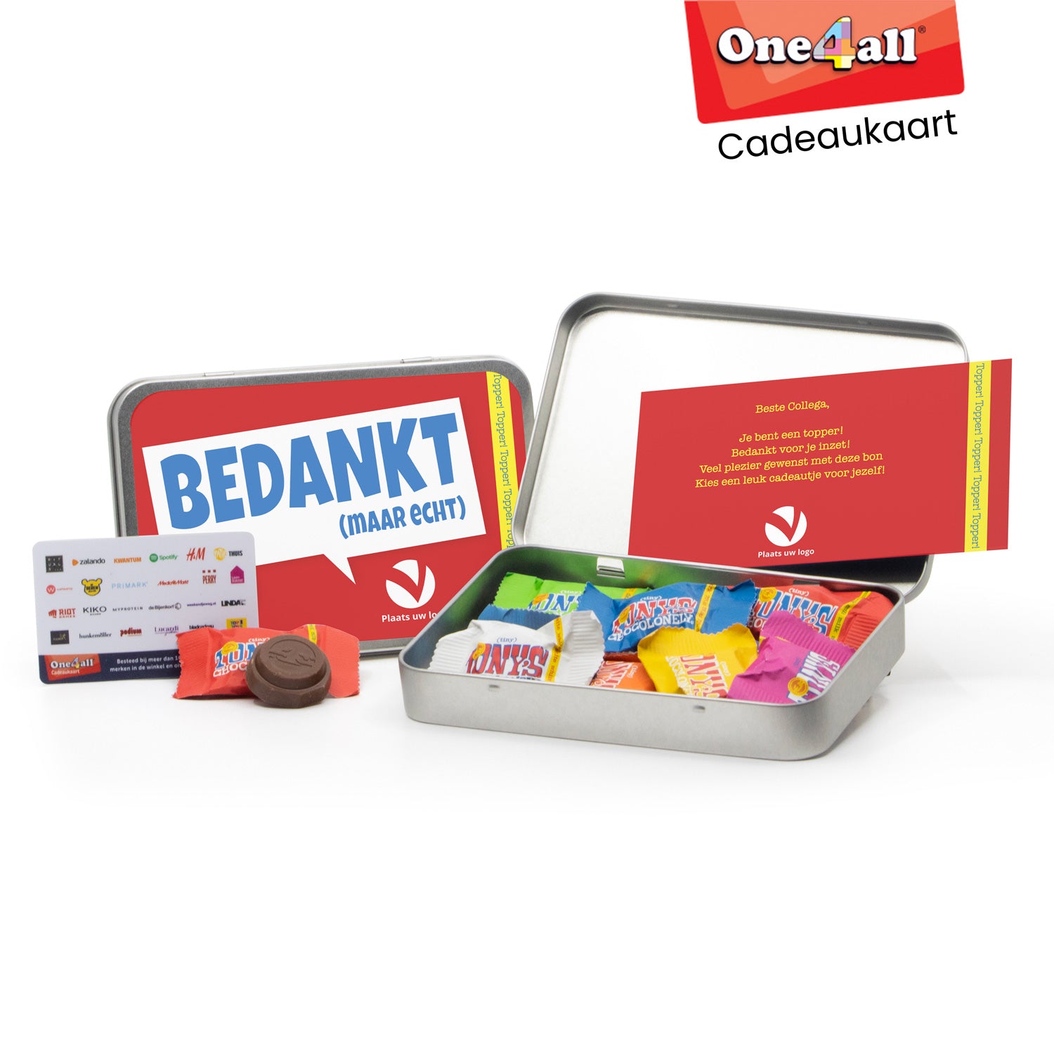 Tiny Tony's in blik met One4All cadeaukaart - Vrijwilliger - Bedankjes.nl