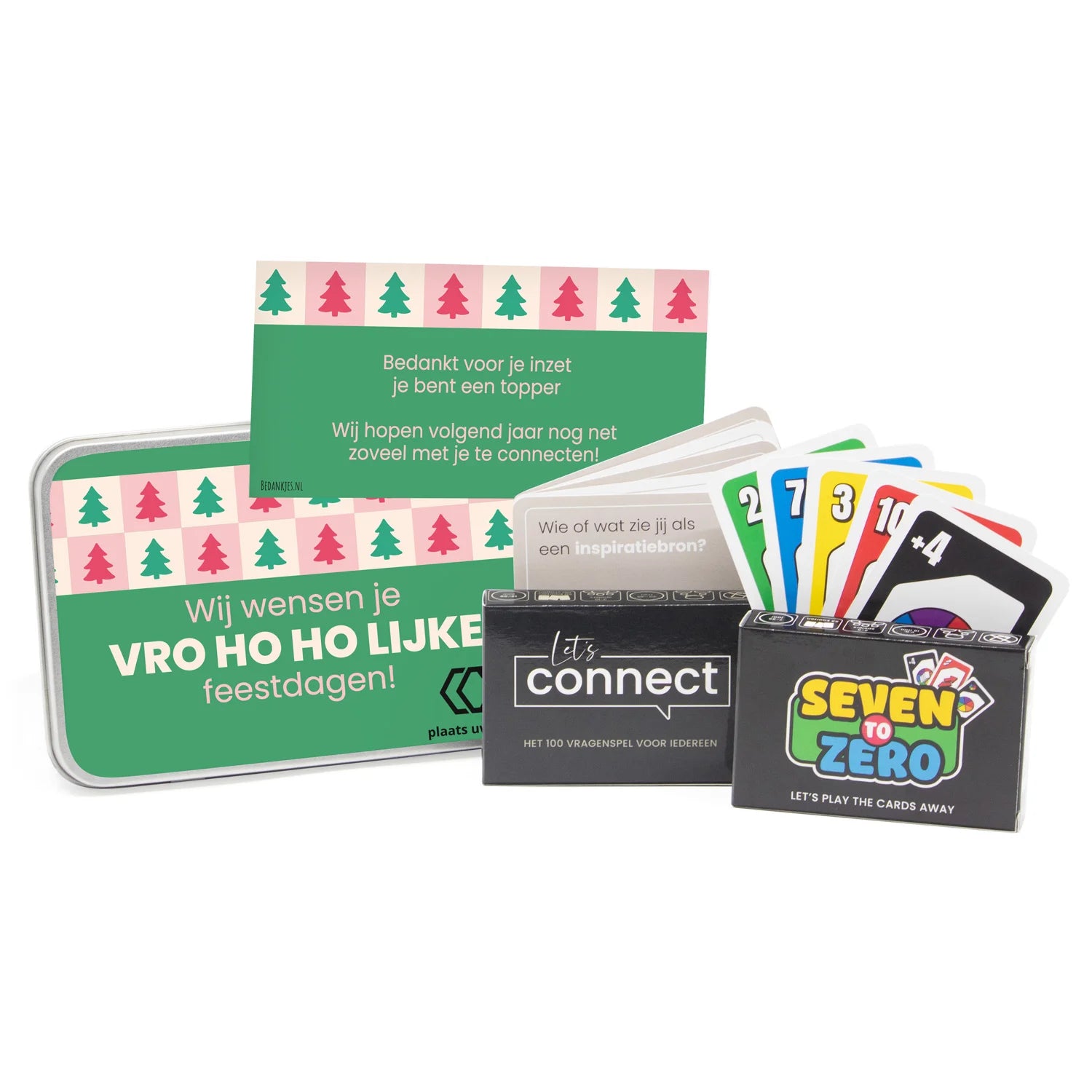 Let's Connect en Seven to Zero spel in blik met etiket - Kerst