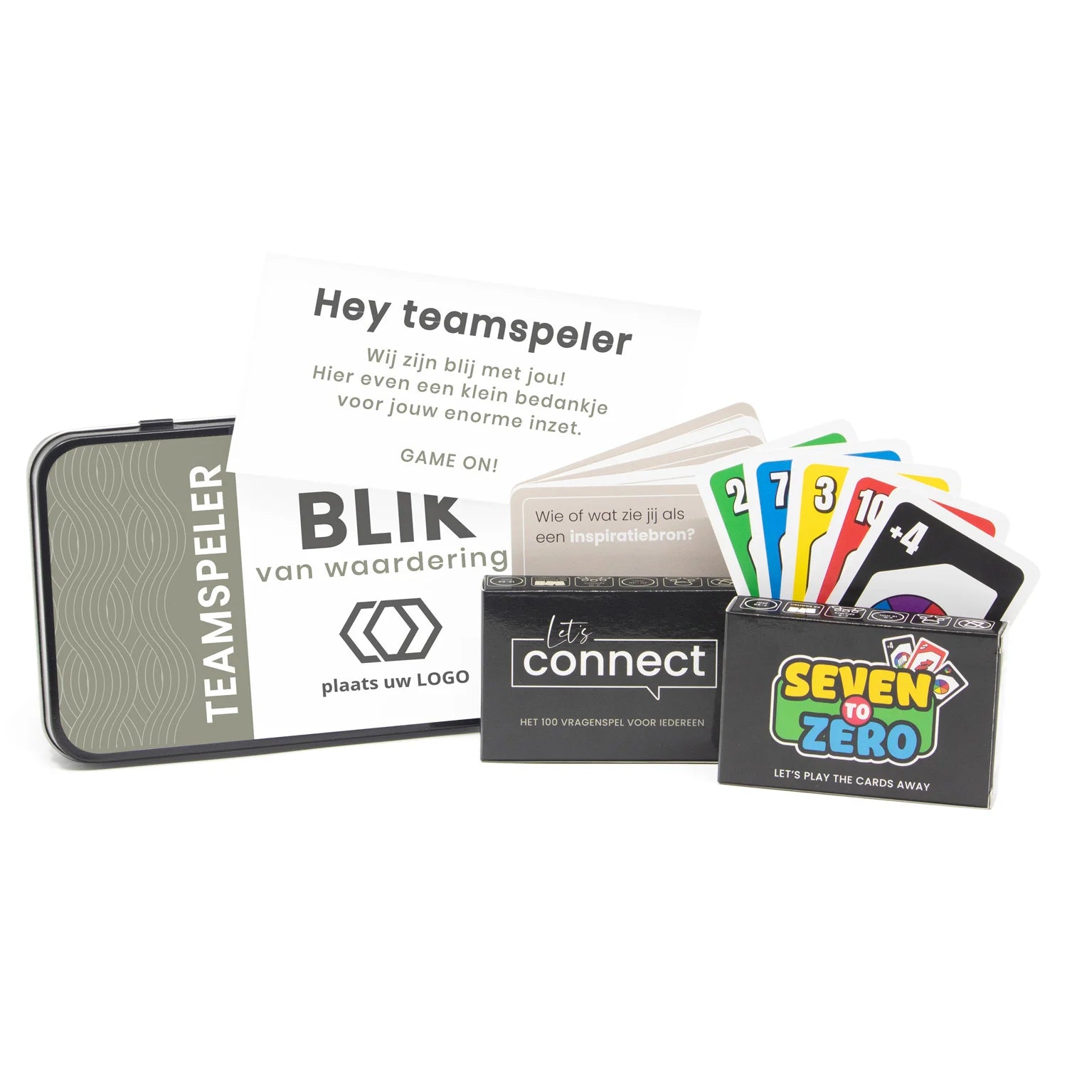 Let's Connect en Seven to Zero spel in blik met etiket - Zakelijk - Bedankjes.nl