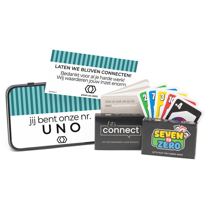 Let's Connect en Seven to Zero spel in blik met etiket - Vrijwilliger