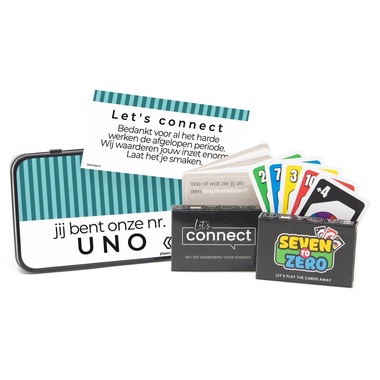 Let's Connect en Seven to Zero spel in blik met etiket - Vrijwilliger