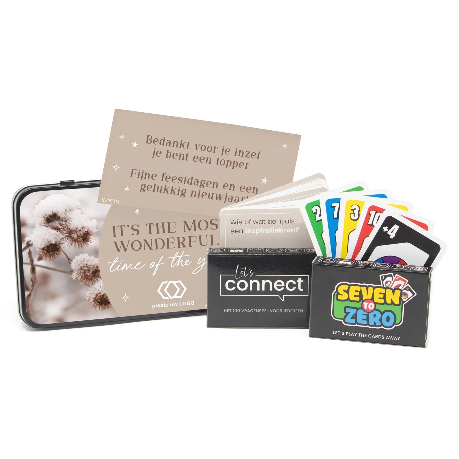 Let's Connect en Seven to Zero spel in blik met etiket - Kerst