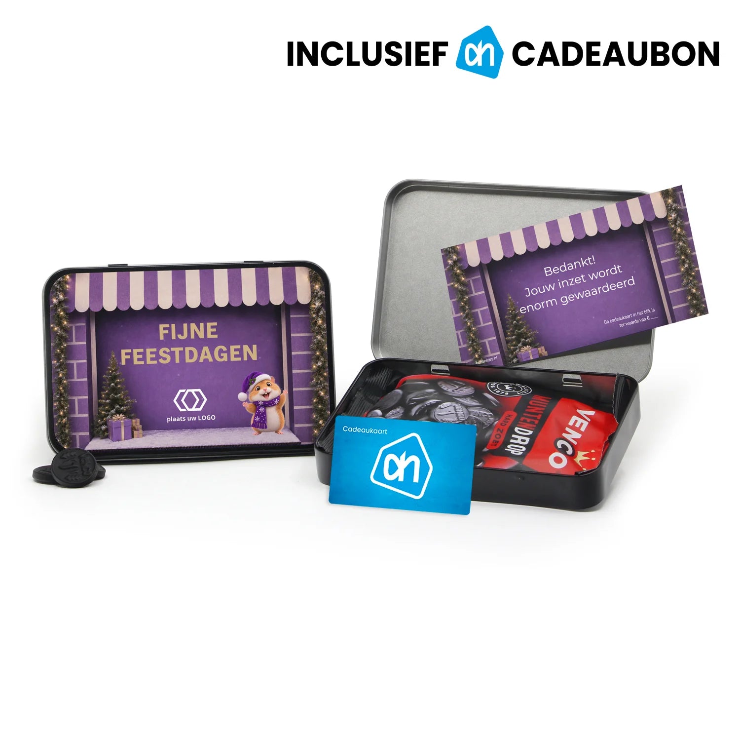 A6 blik met AH cadeaubon en Venco muntdrop - Kerst