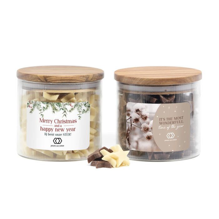 Medium pot met ribbelglas gevuld chocolade sterren - Kerst