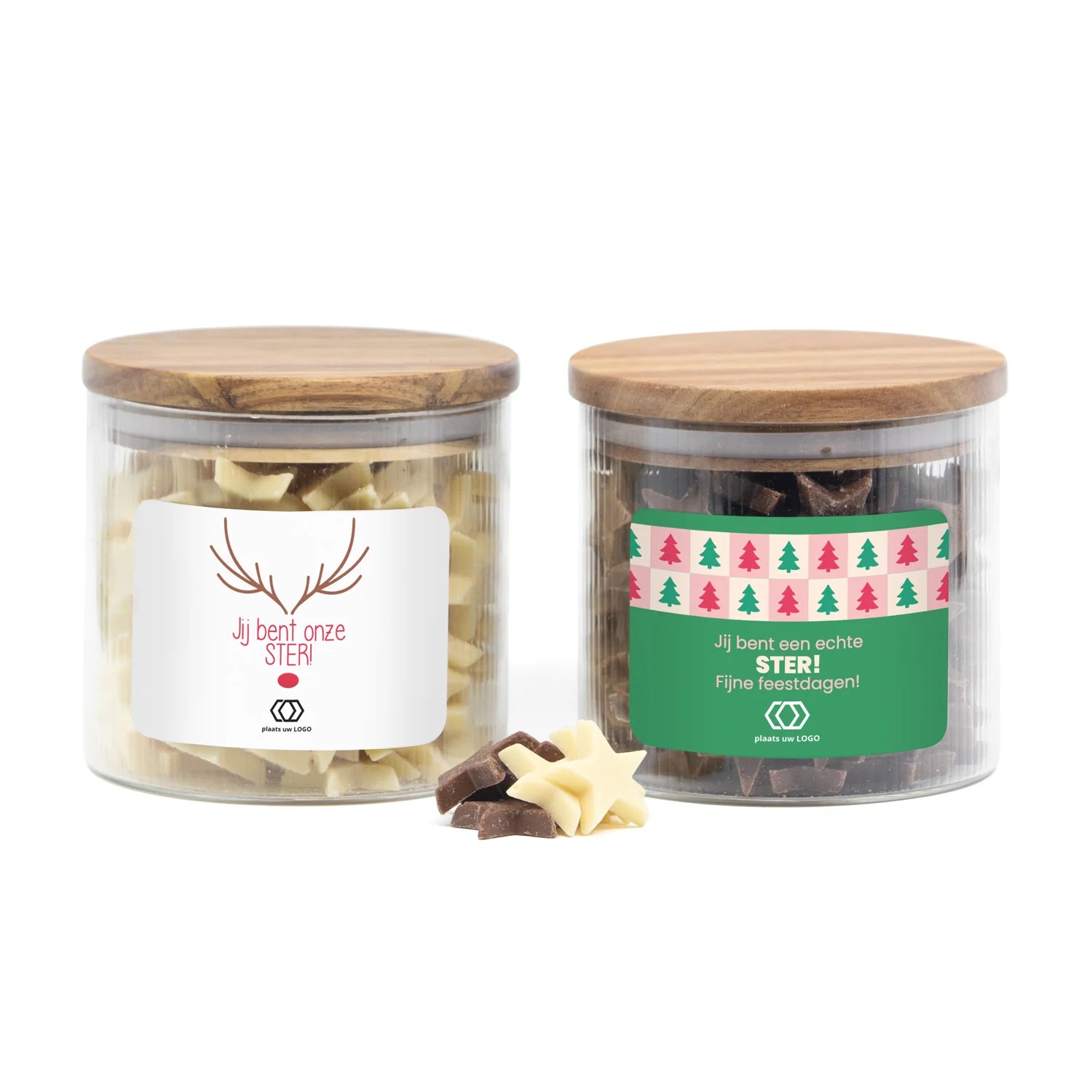 Medium pot met ribbelglas gevuld chocolade sterren - Kerst - Bedankjes.nl