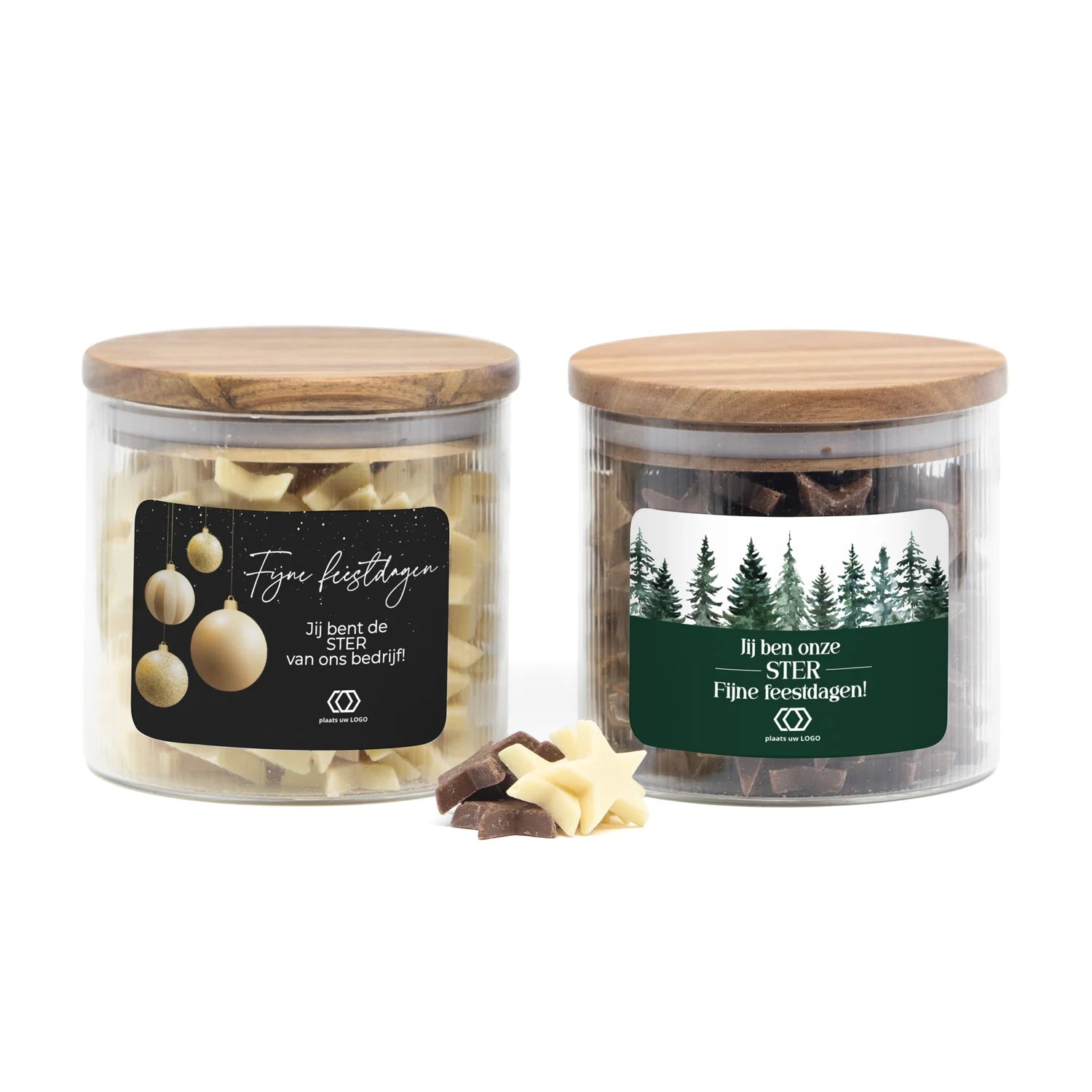Medium pot met ribbelglas gevuld chocolade sterren - Kerst - Bedankjes.nl