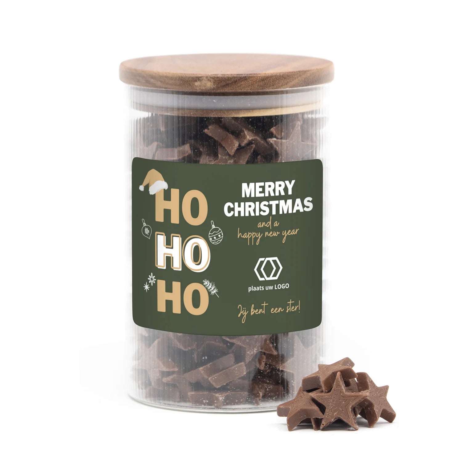 Luxe grote pot met ribbelglas gevuld chocolade sterren - Kerst