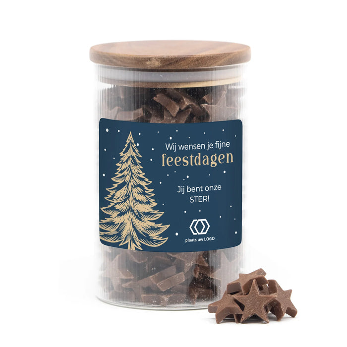 Luxe grote pot met ribbelglas gevuld chocolade sterren - Kerst