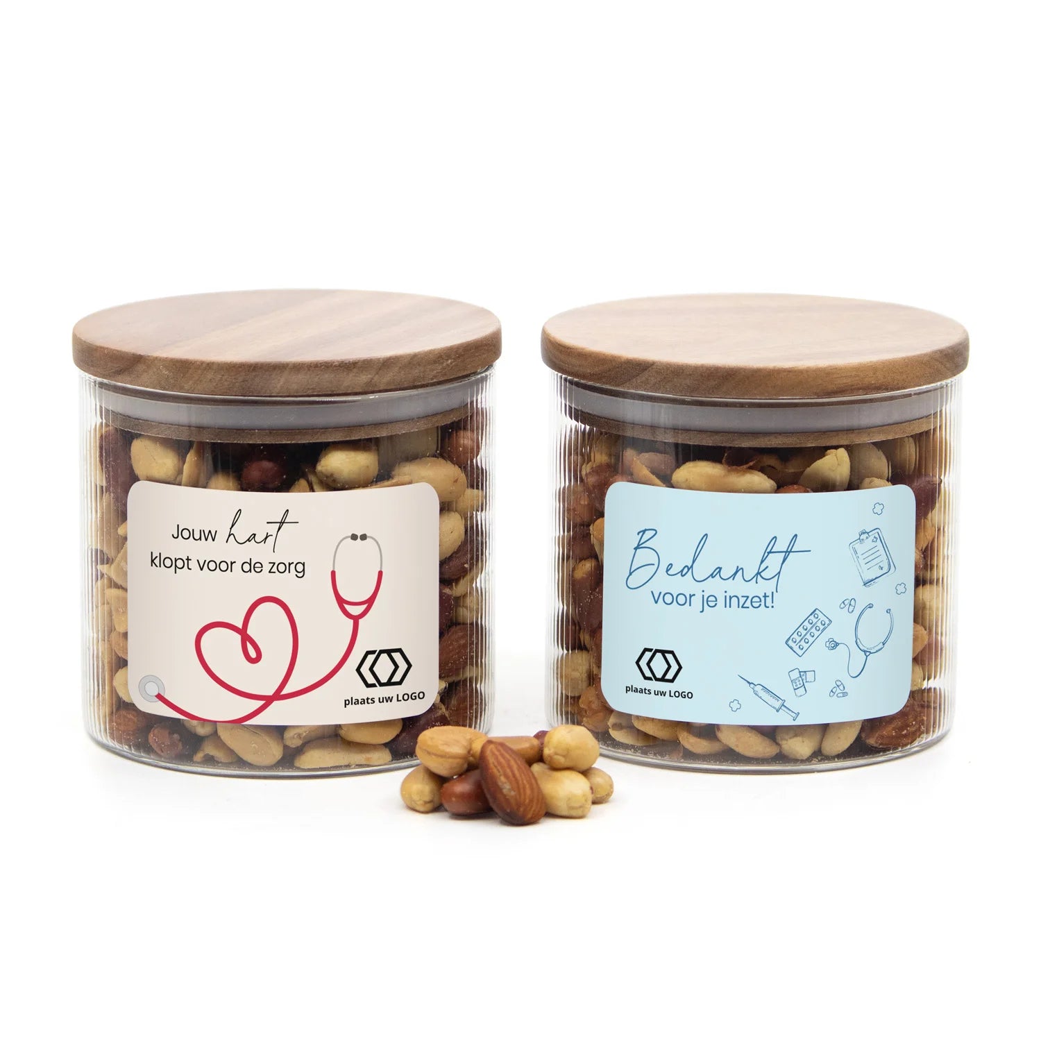 Medium pot met ribbelglas met verse notenmix - Verpleging - Bedankjes.nl