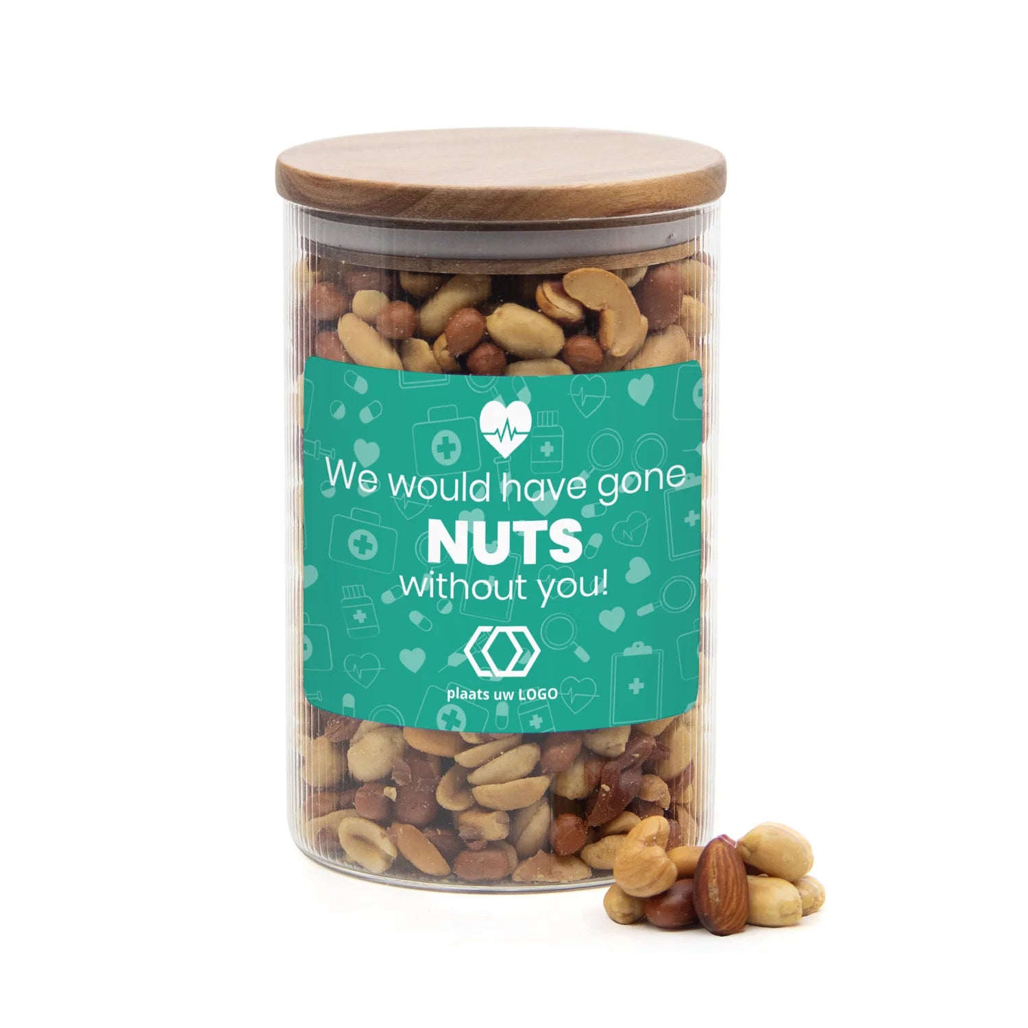 Luxe grote pot met ribbelglas met verse notenmix - Verpleging - Bedankjes.nl