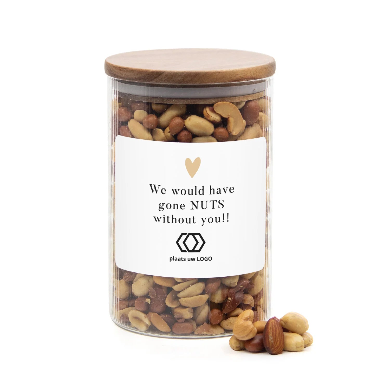 Luxe grote pot met ribbelglas met verse notenmix - Verpleging - Bedankjes.nl