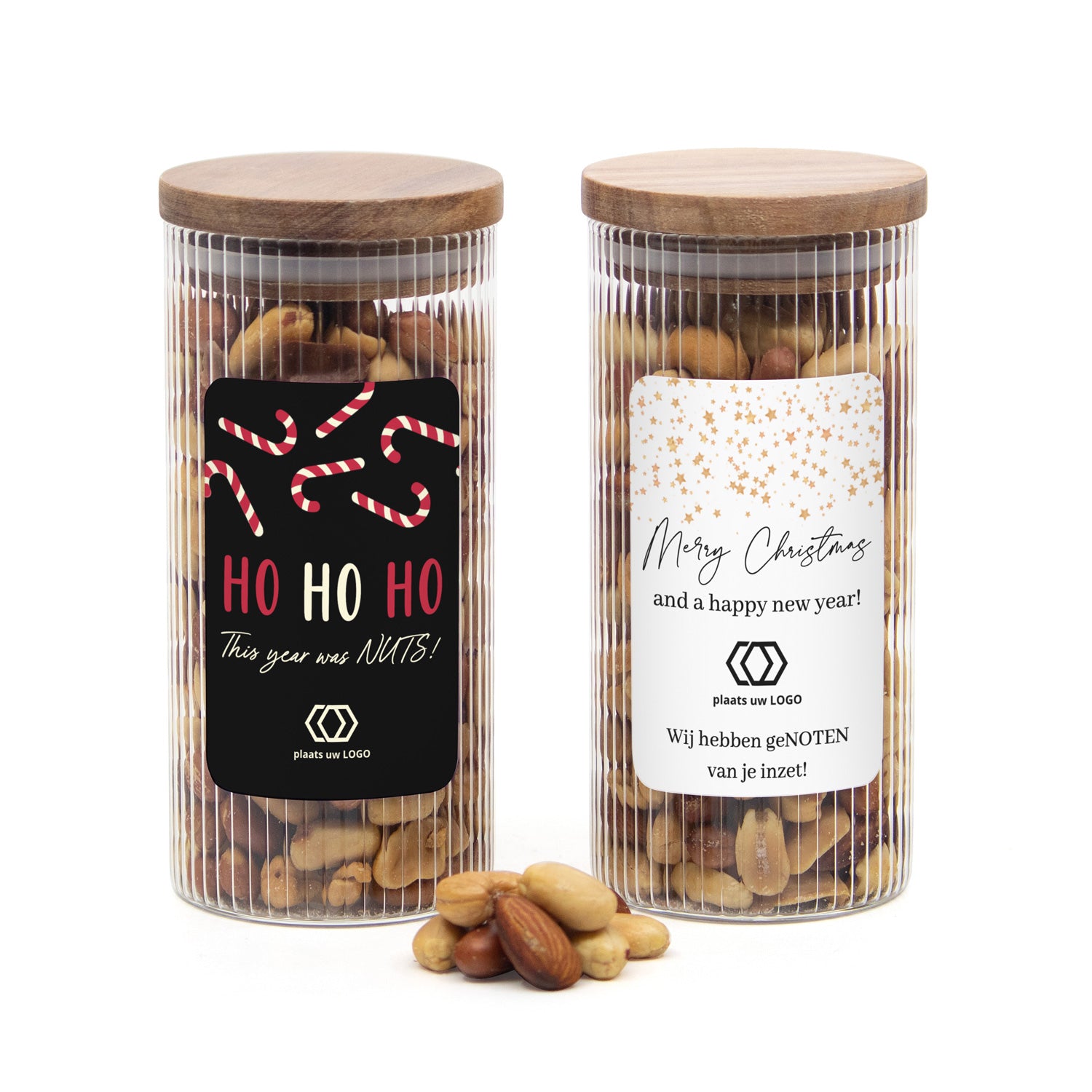 Pot met ribbelglas met verse notenmix - Kerst - Bedankjes.nl