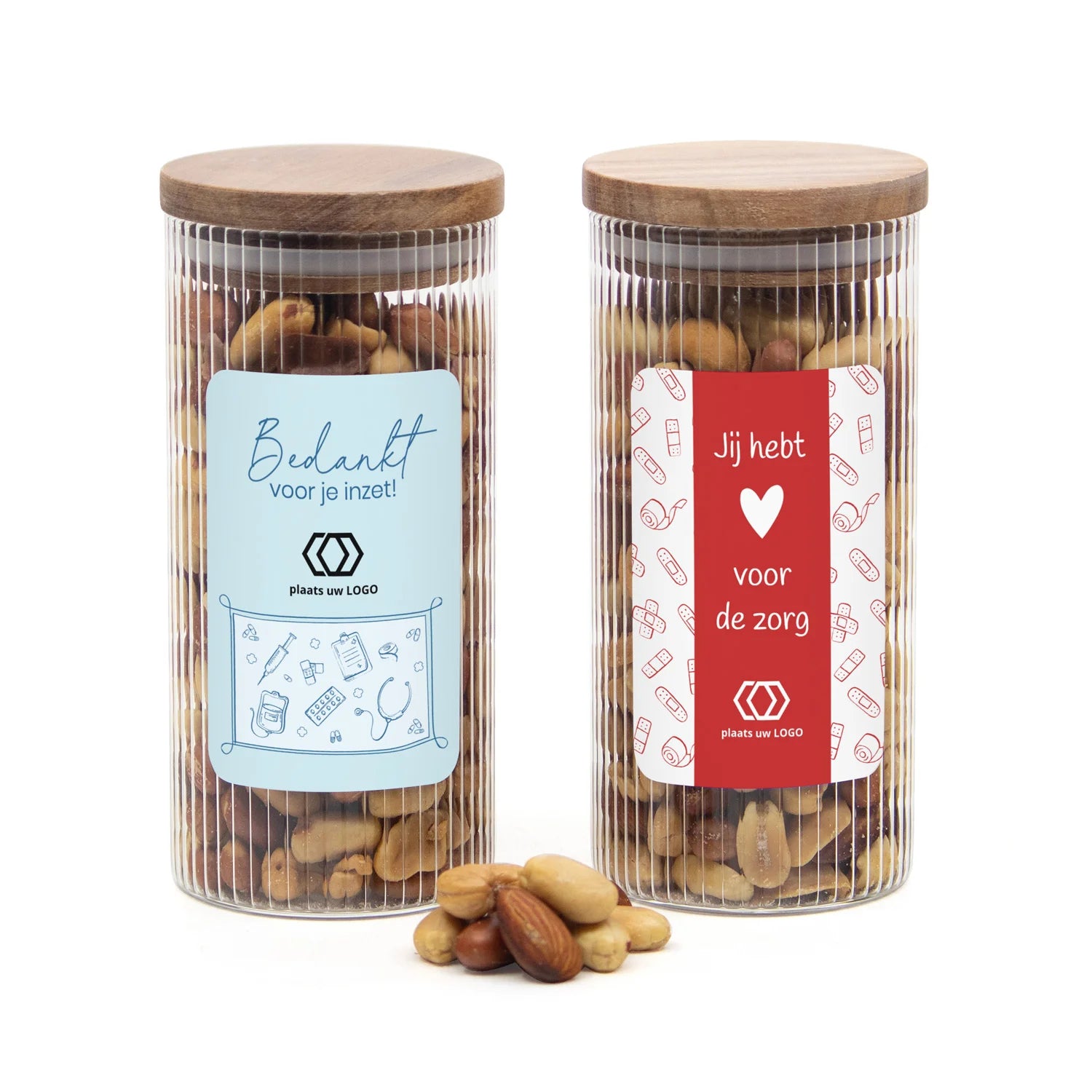 Pot met ribbelglas met verse notenmix - Verpleging - Bedankjes.nl