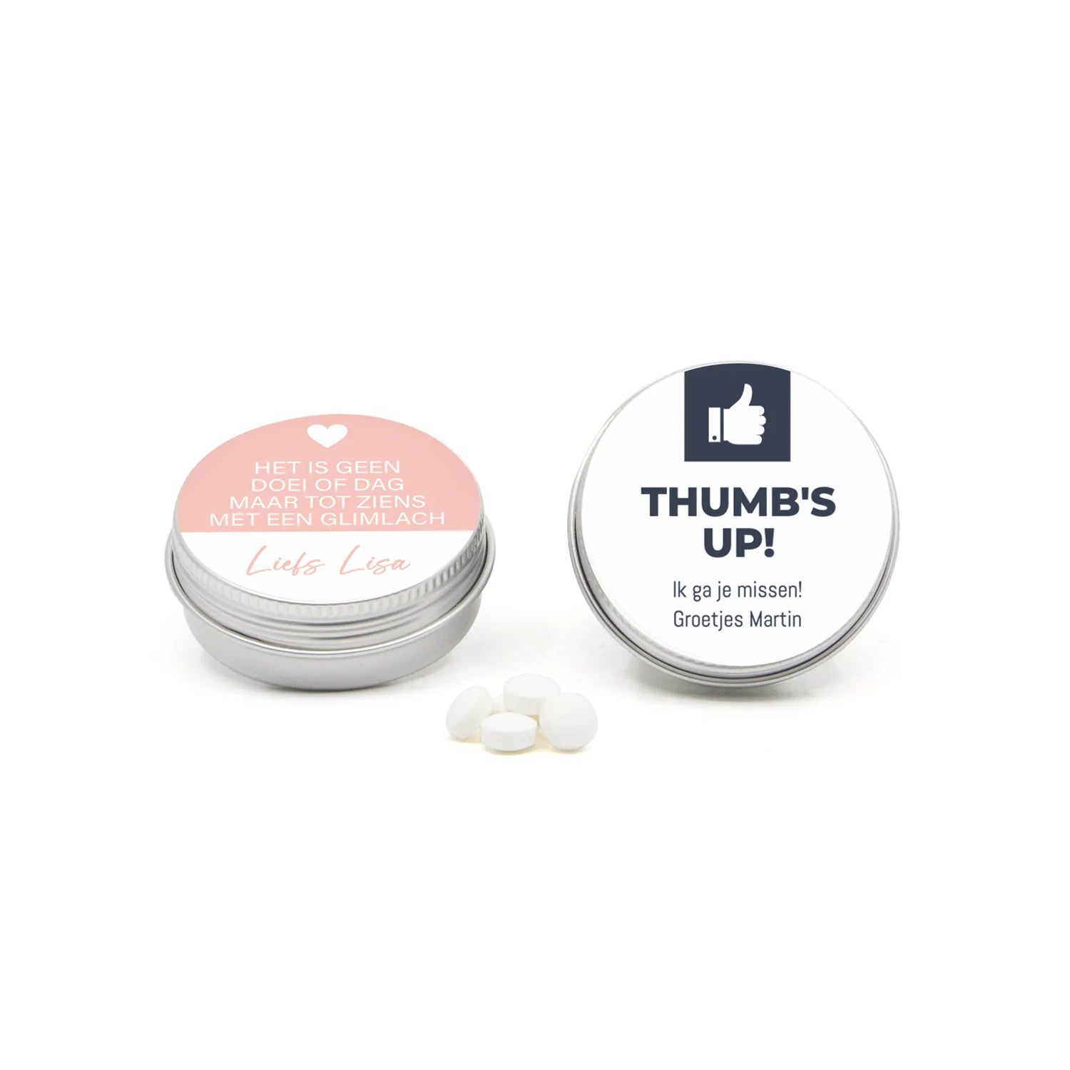 Aluminium blikje met snoepjes - Afscheid collega - Bedankjes.nl