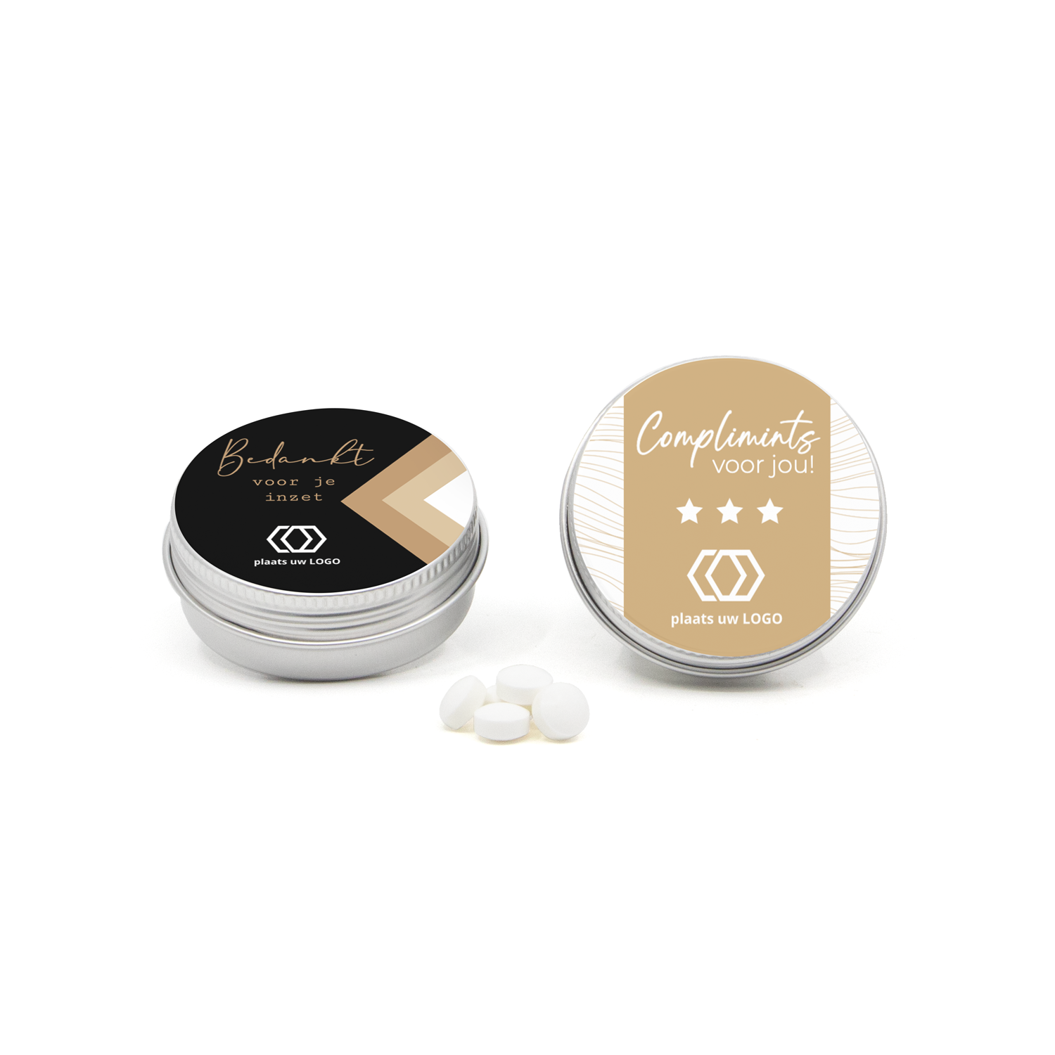 Mintblikje met logo en eigen etiket - Complimentje – Bedankjes.nl
