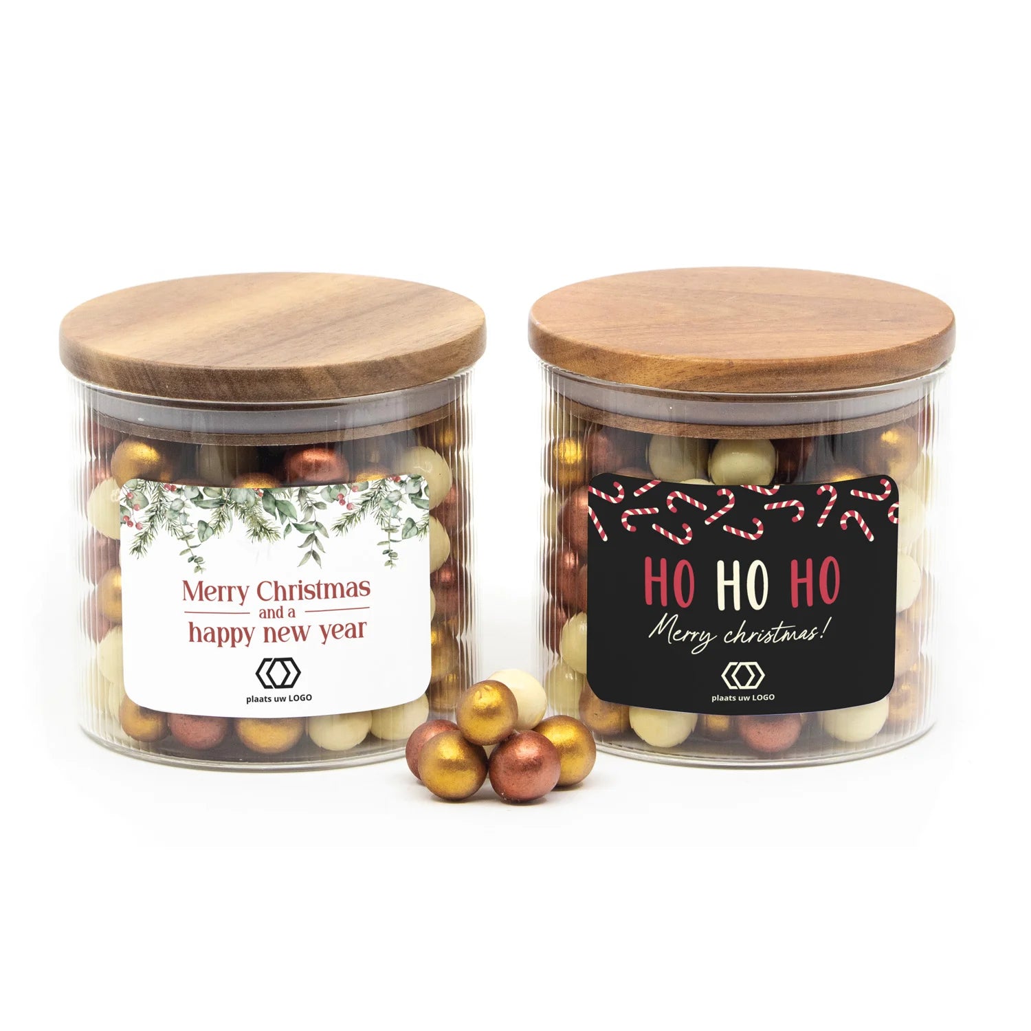 Medium pot met ribbelglas gevuld met snoep - Kerst - Bedankjes.nl