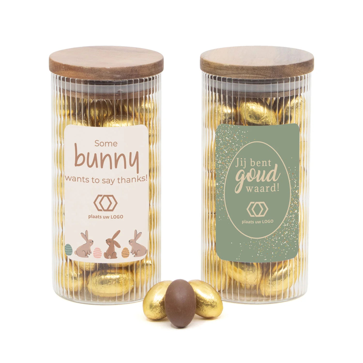 Pot met ribbelglas vol paaseitjes en eigen etiket - Pasen - Bedankjes.nl