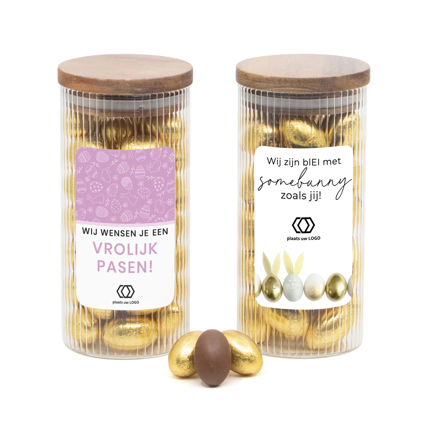 Pot met ribbelglas vol paaseitjes en eigen etiket - Pasen - Bedankjes.nl