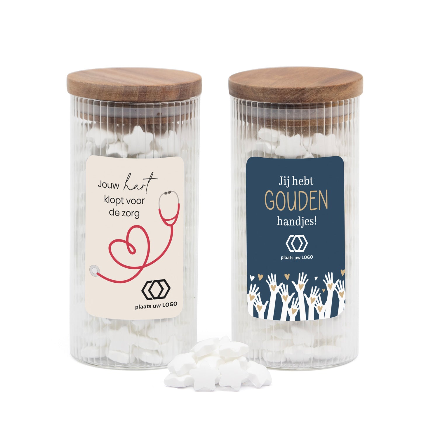 Pot met ribbelglas gevuld met snoepjes - Verpleging - Bedankjes.nl