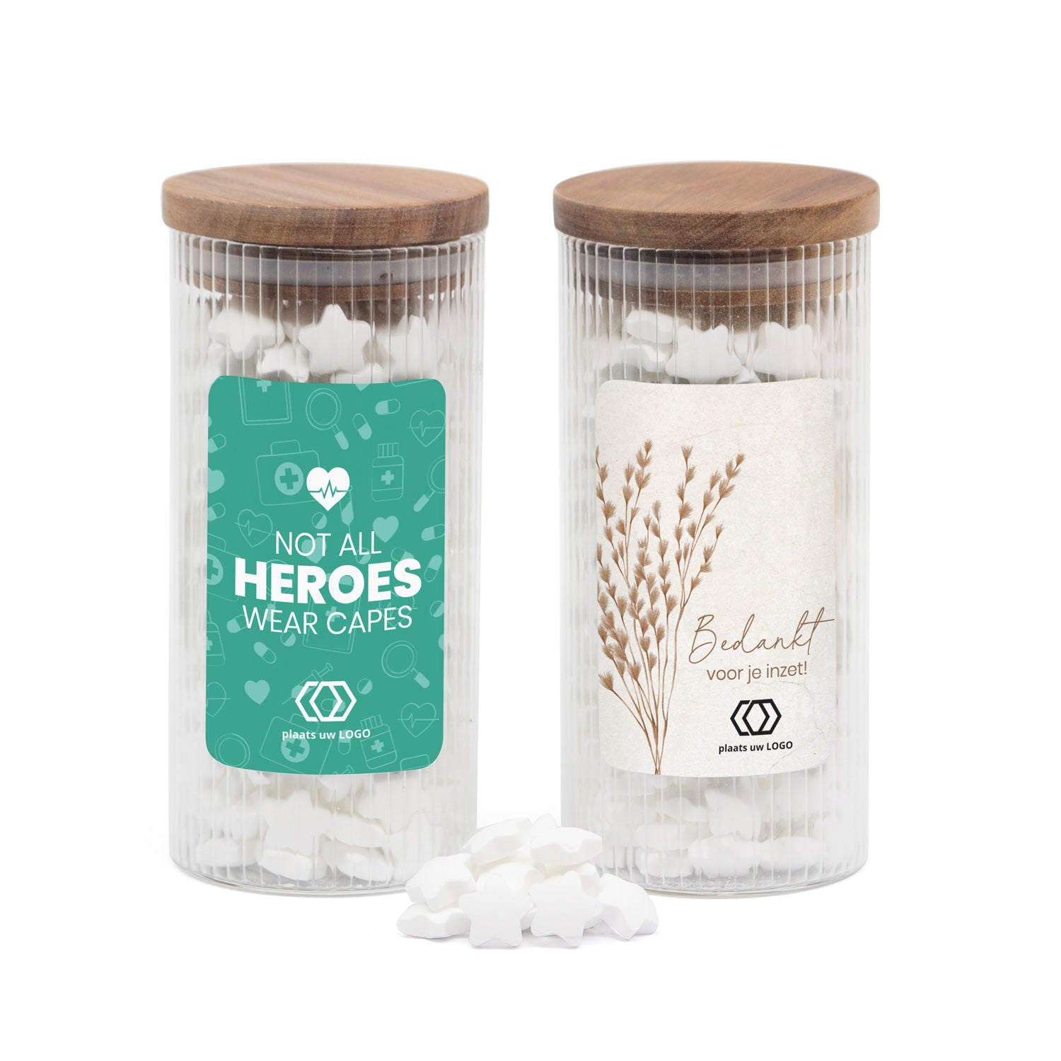Pot met ribbelglas gevuld met snoepjes - Verpleging - Bedankjes.nl