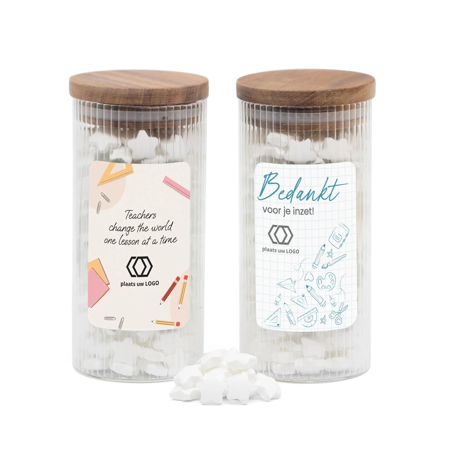 Pot met ribbelglas gevuld met snoepjes - Leraar - Bedankjes.nl