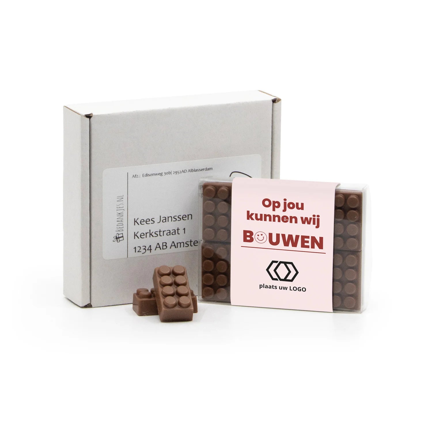 Doosje met 10 chocolade bouwstenen eigen sleeve - Brievenbus