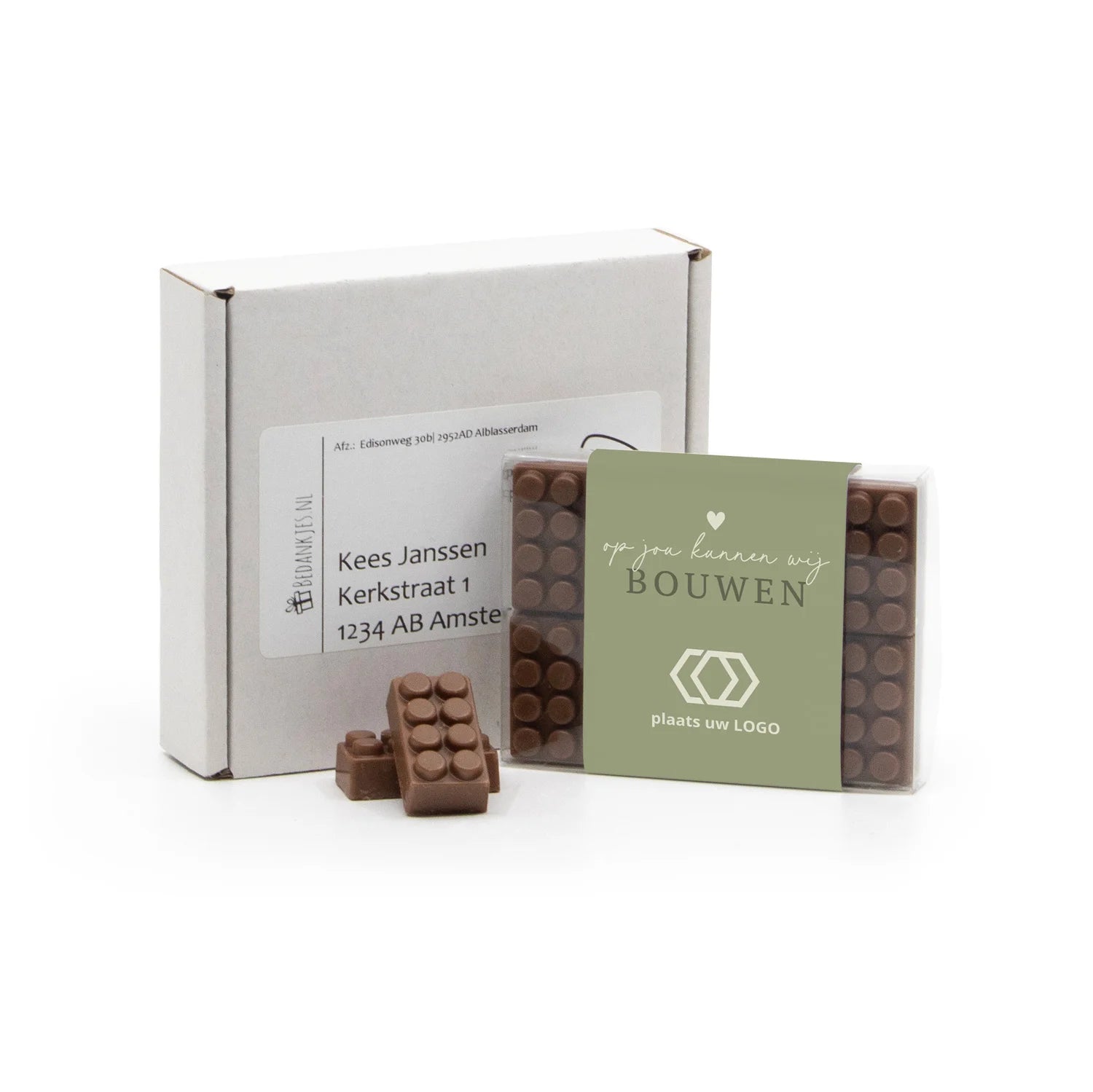 Doosje met 10 chocolade bouwstenen eigen sleeve - Brievenbus
