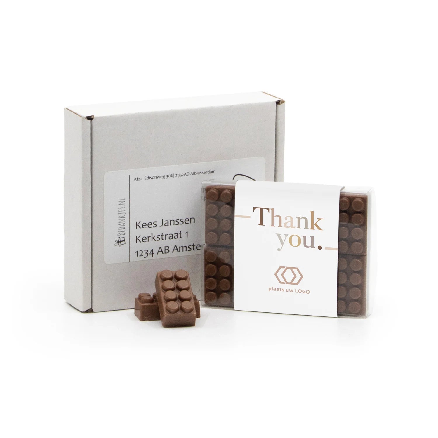 Doosje met 10 chocolade bouwstenen eigen sleeve - Brievenbus