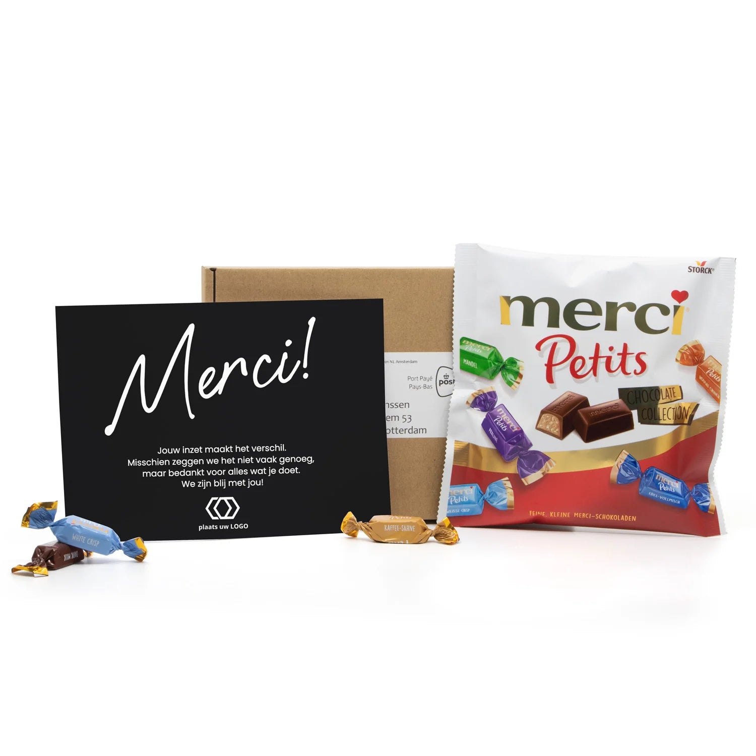 Doosje met mini Merci en persoonlijke kaart - Brievenbus