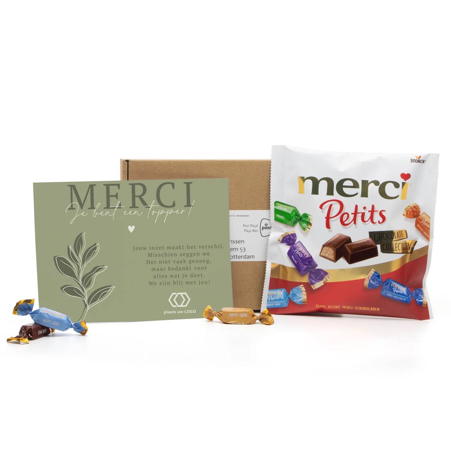 Doosje met mini Merci en persoonlijke kaart - Brievenbus