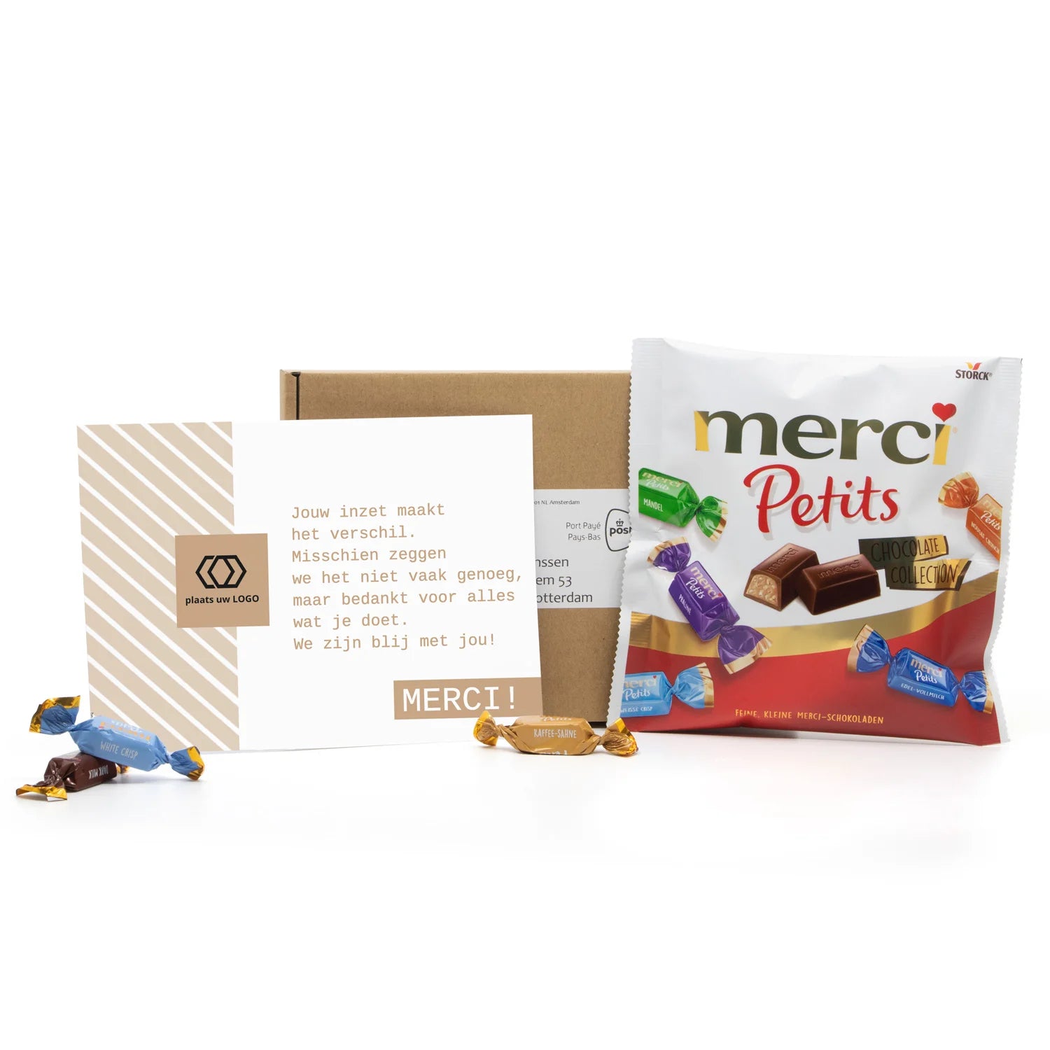 Doosje met mini Merci en persoonlijke kaart - Brievenbus