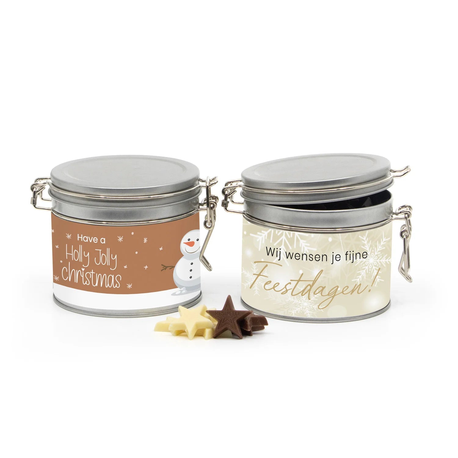 Beugelblik medium met chocolade en eigen wikkel - Kerst - Bedankjes.nl