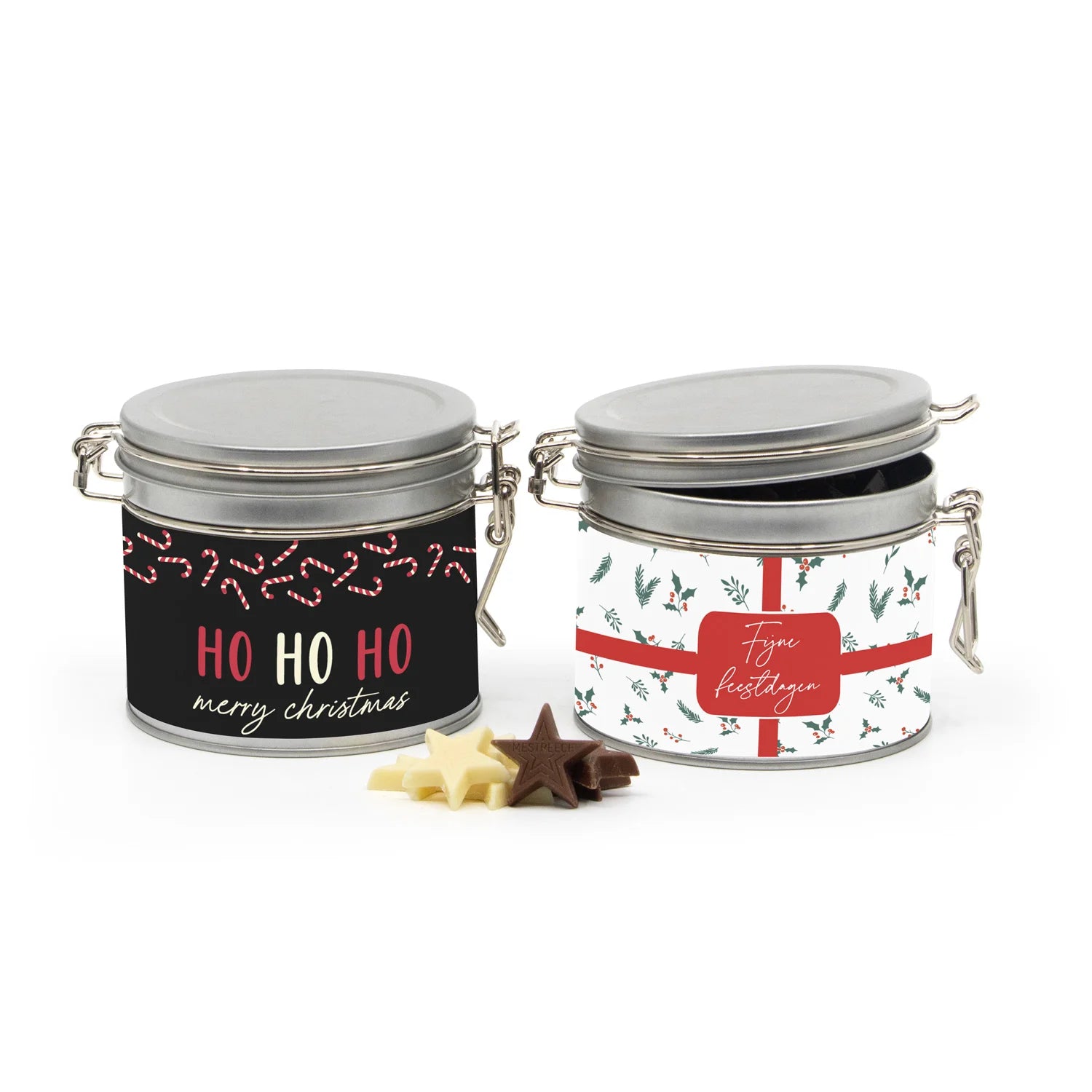 Beugelblik medium met chocolade en eigen wikkel - Kerst - Bedankjes.nl